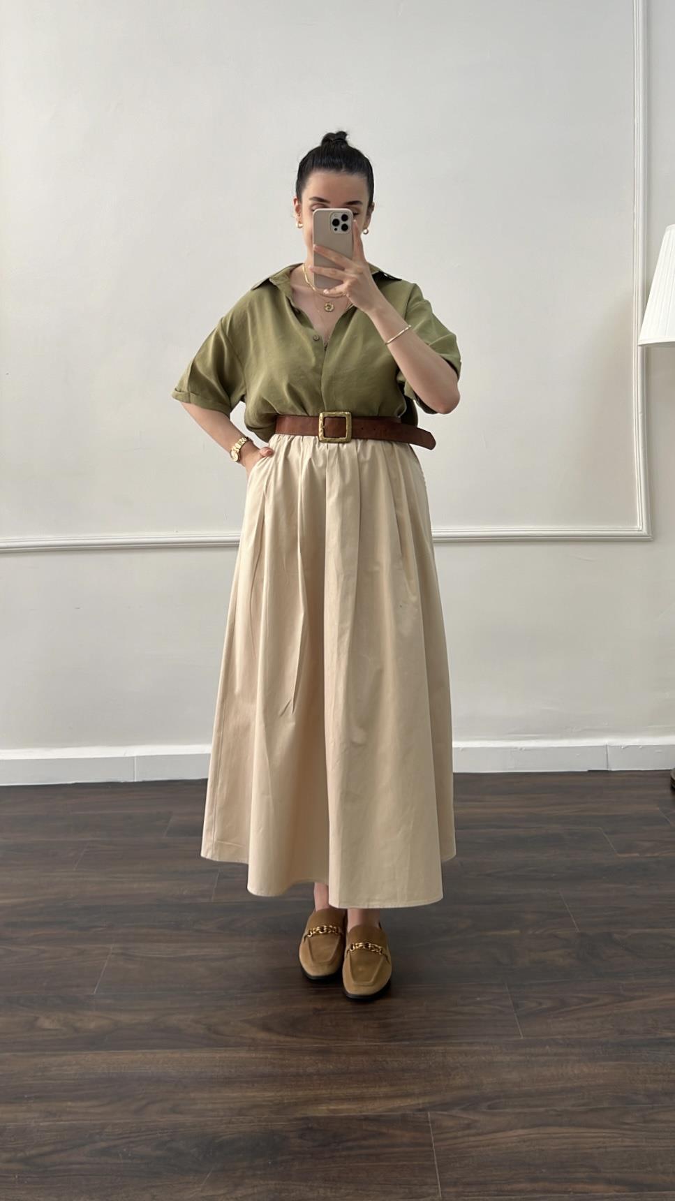 Bej Beli Lastikli Cepli A Kesim Midi Etek