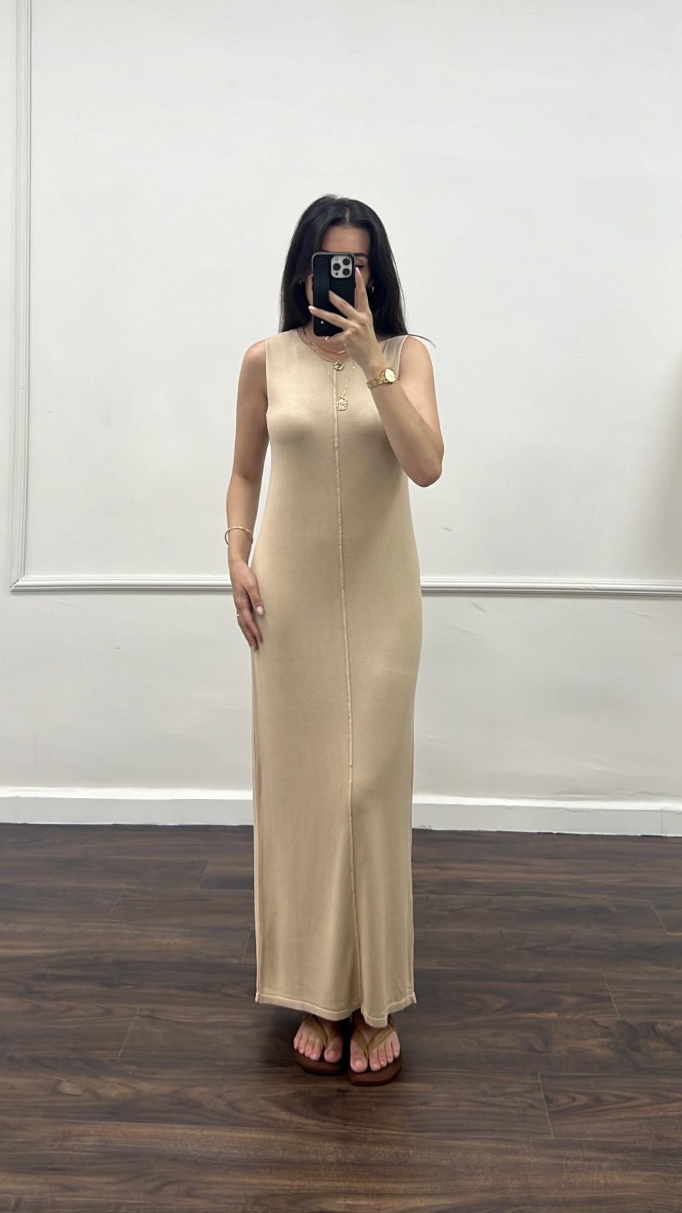 Bej İnce Triko Düz Elbise