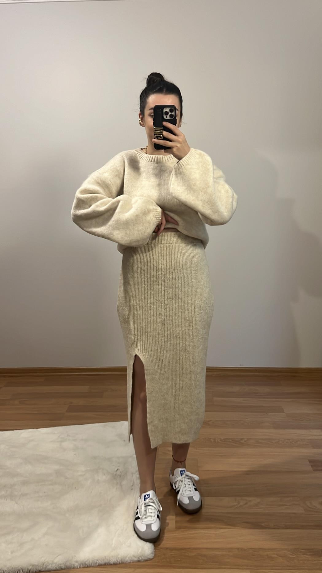 BEJ TRİKO LİKRALI ETEK