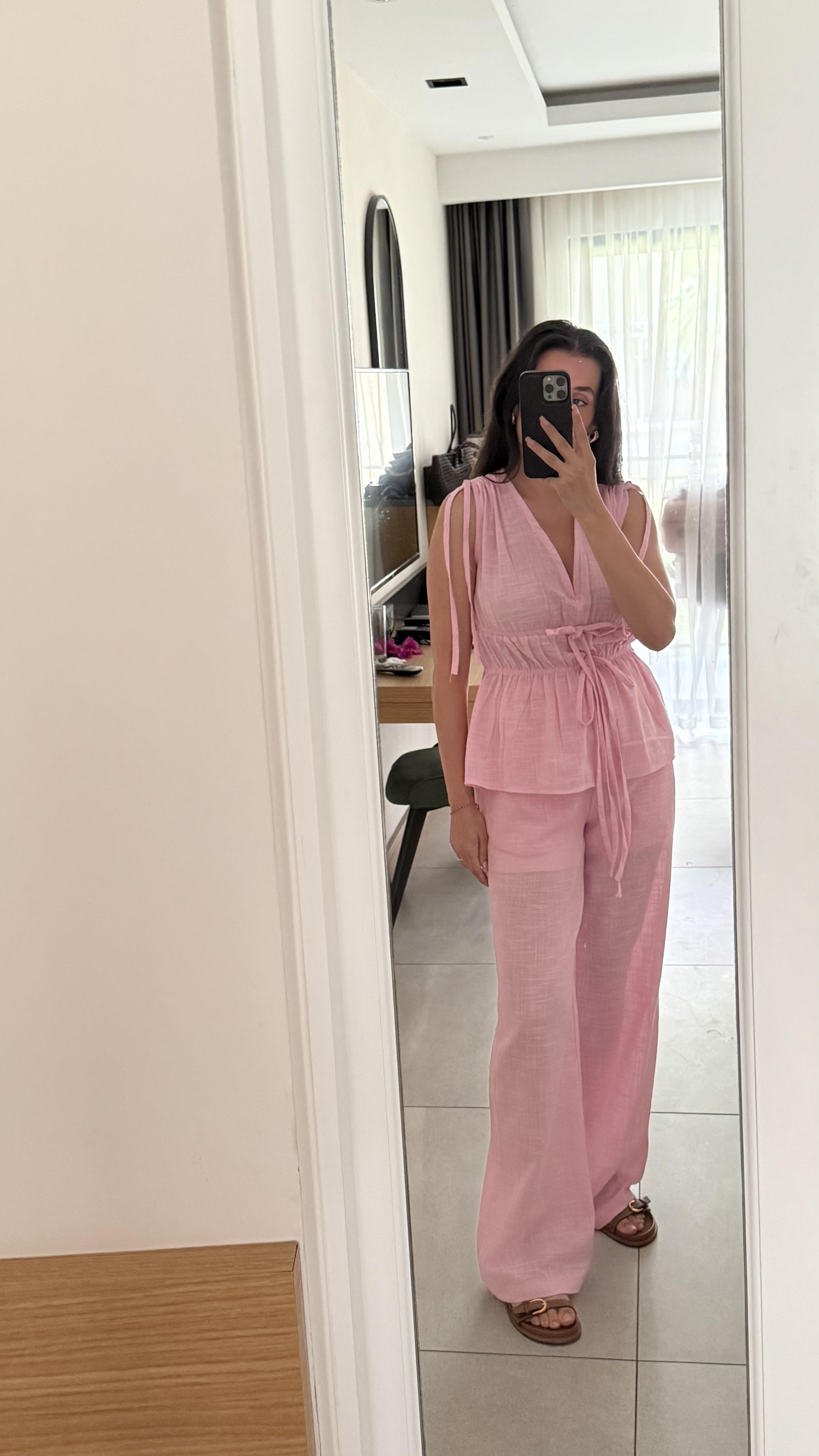 Bel Lastik Detaylı Pembe Bluz Pantolon Takım