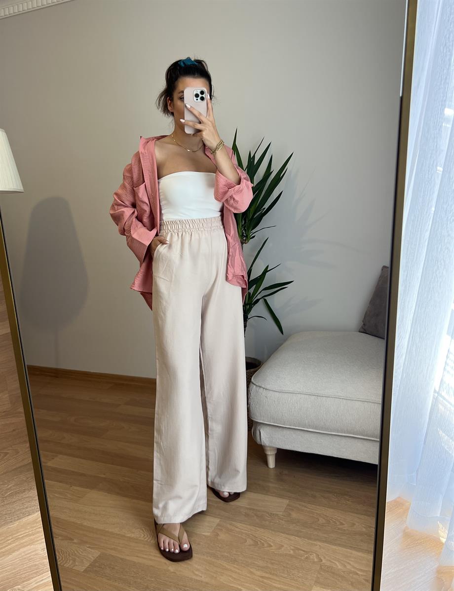 Beli Lastikli Geniş Paça Pantolon Taş