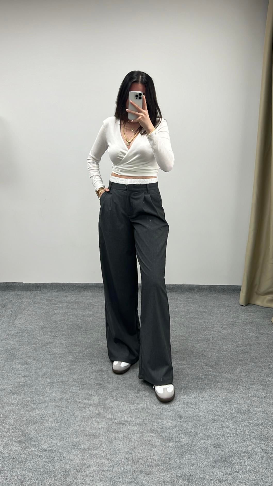 Bersh Gri Bel Detay Wide Leg Pantolon