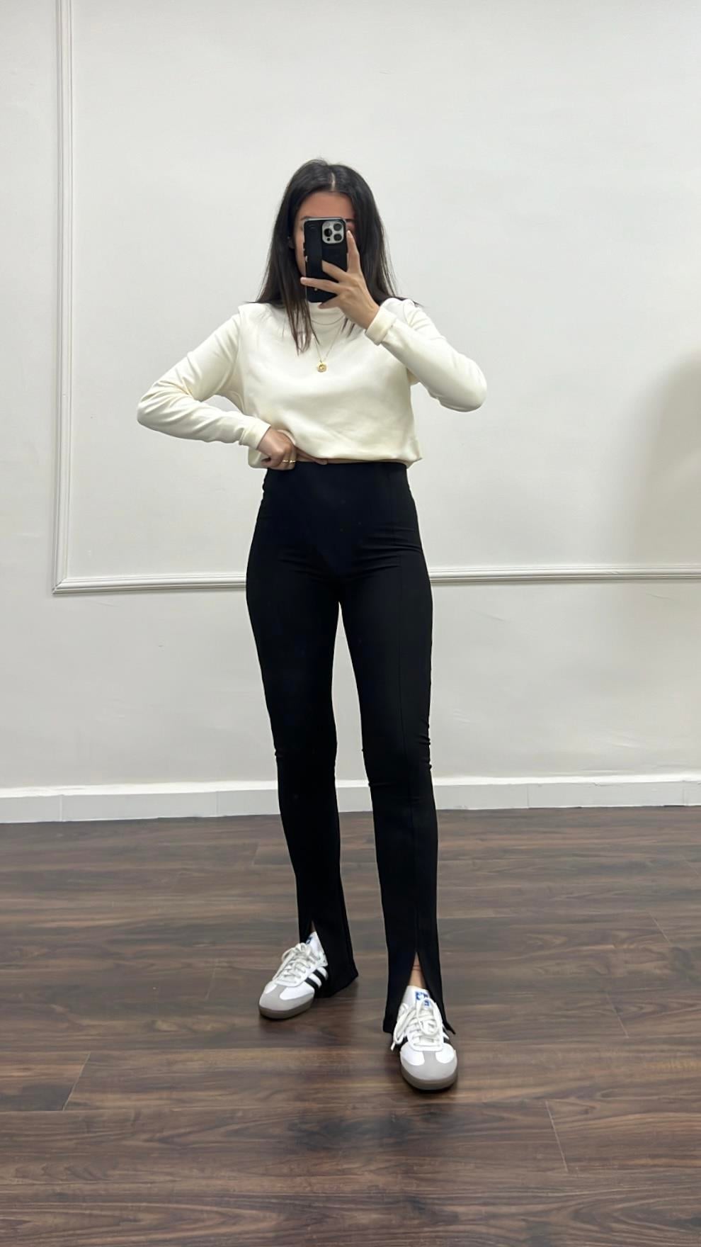 Bersk Siyah Paça Detay Çelik Örme Tayt Pantolon