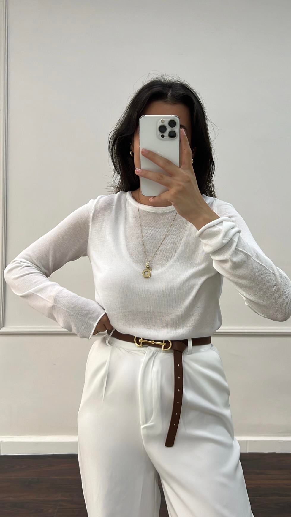 Beyaz Bisiklet Yaka Transparan Uzun Kollu Triko