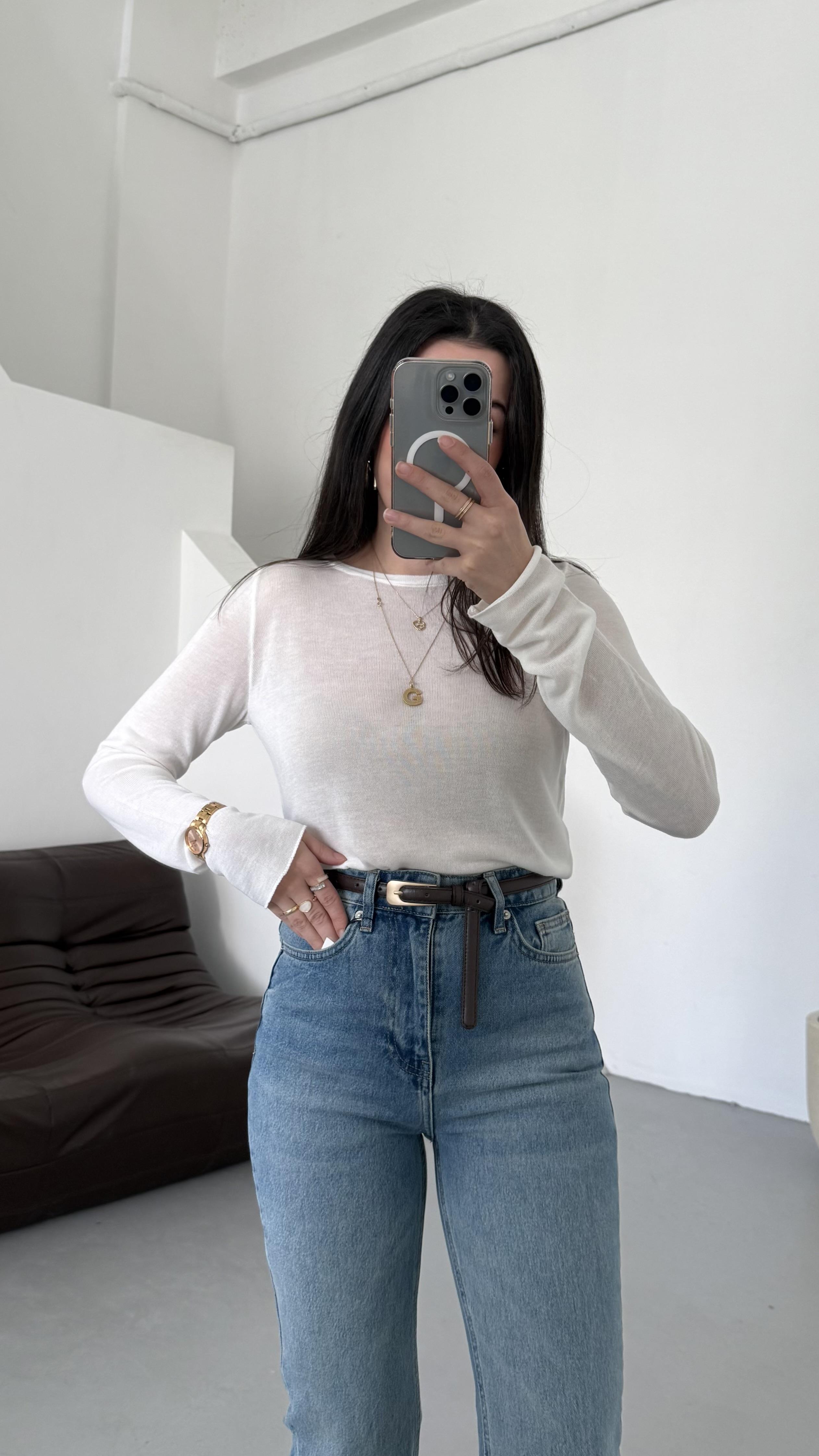 Beyaz Bisiklet Yaka Transparan Uzun Kollu Triko