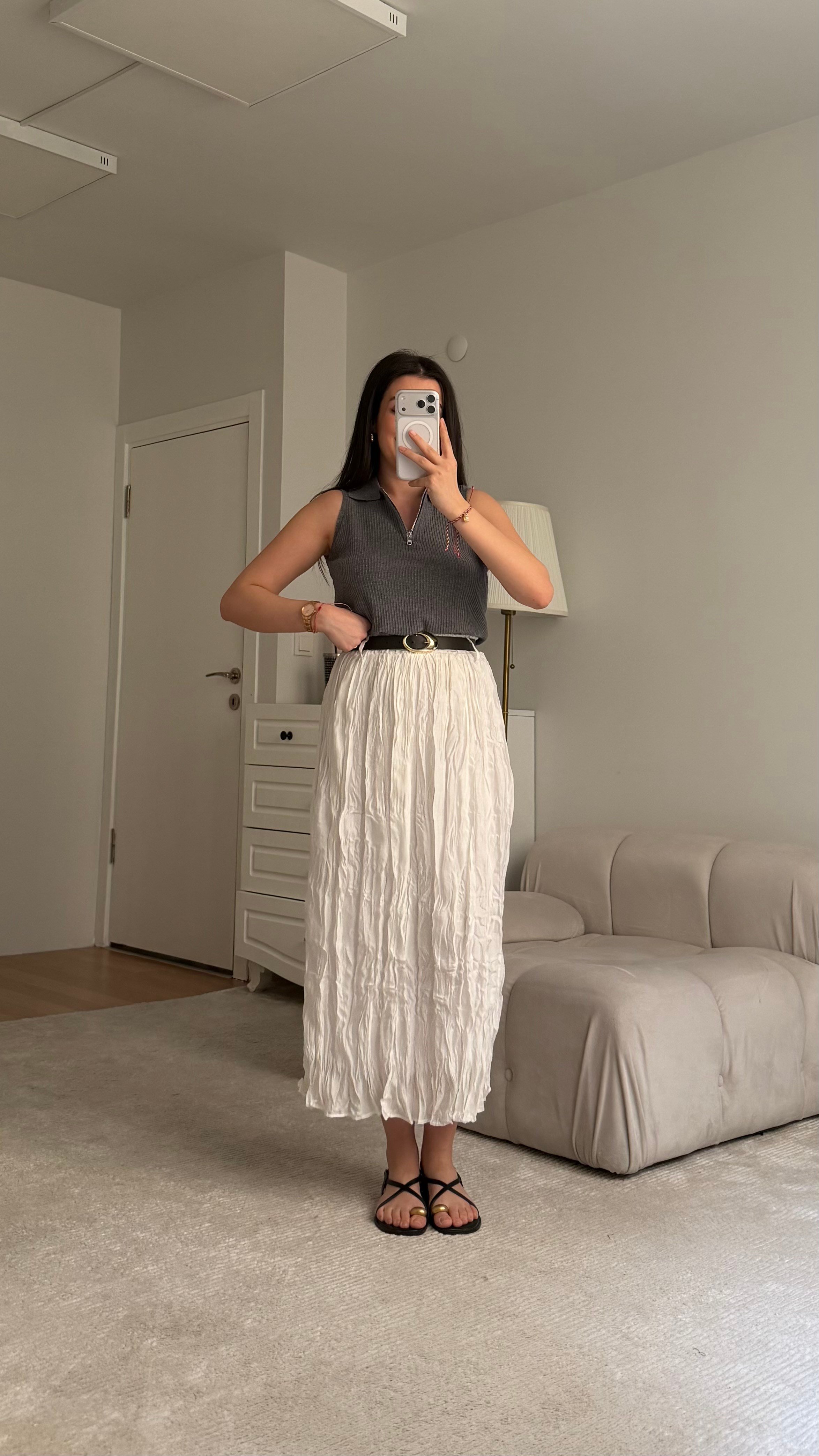 Beyaz Crush Kırışık Efektli Kemerli Premium Etek