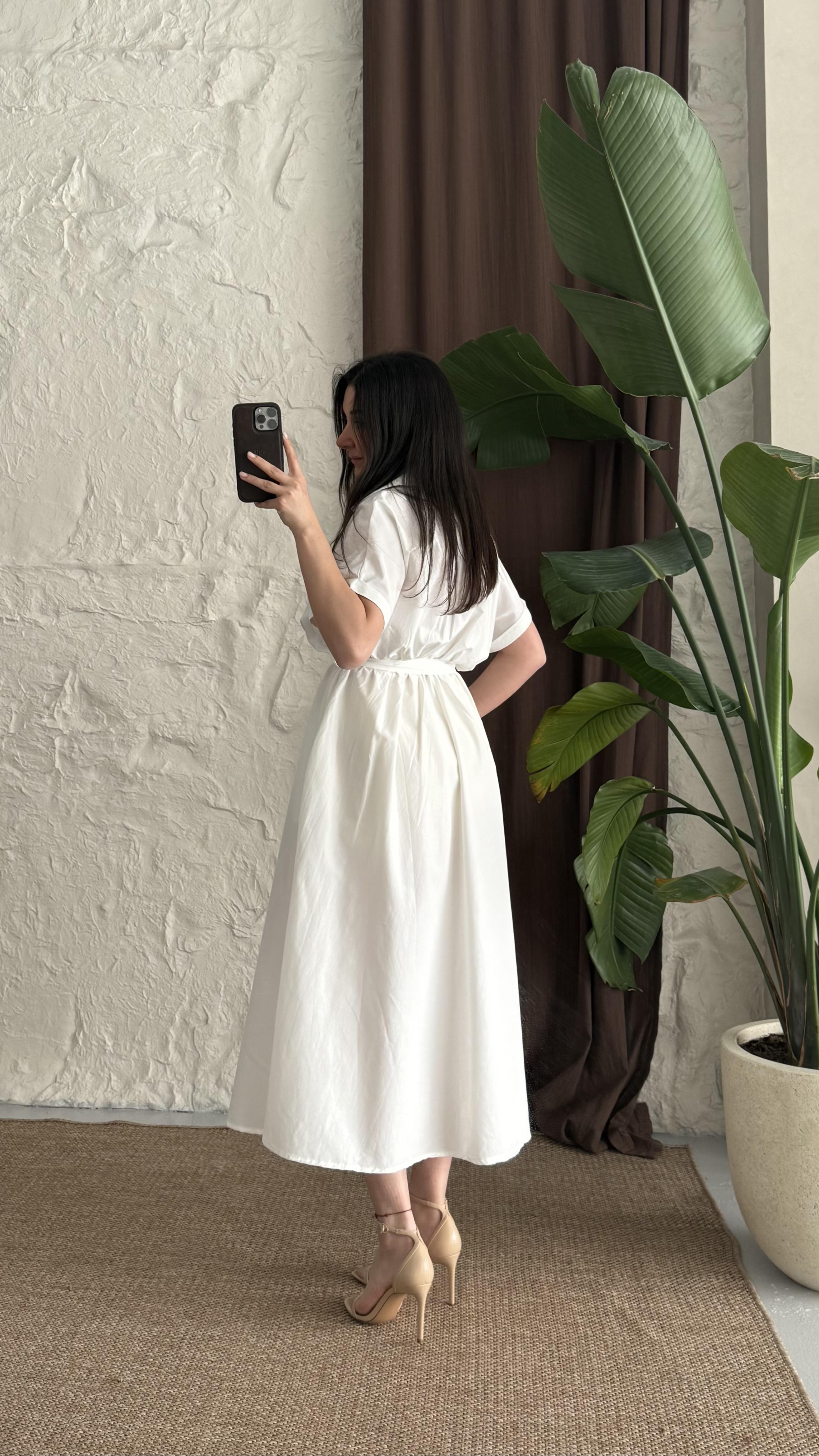 Beyaz Kuşaklı Poplin Gömlek Elbise 