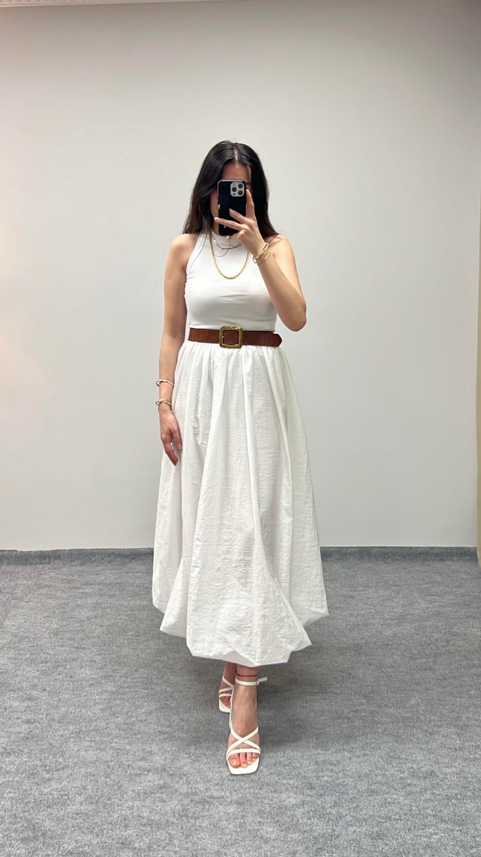 Beyaz Paraşüt Balon Midi Etek