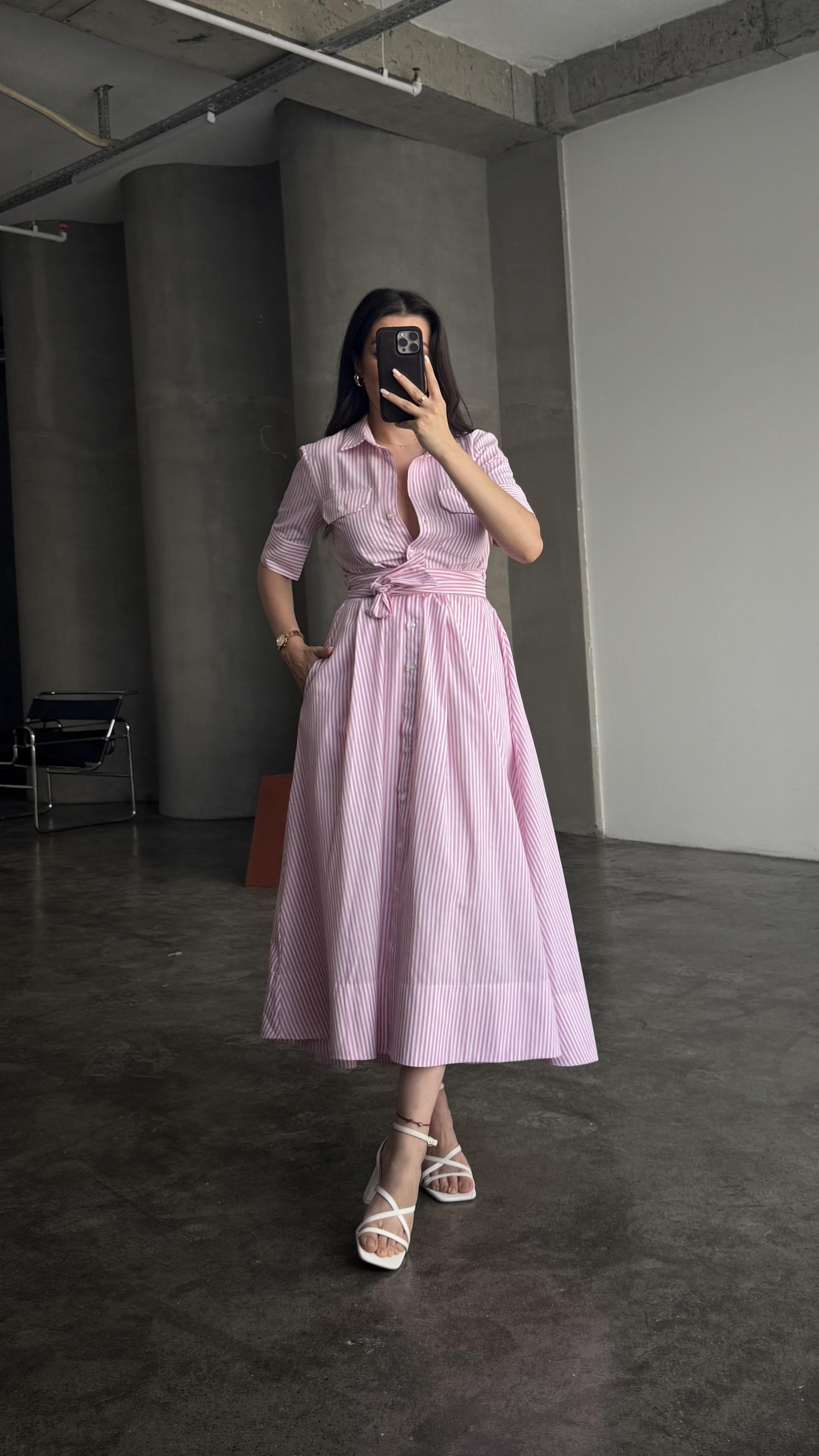 Beyaz Pembe Çizgili Midi Boy Sezon Poplin Elbise