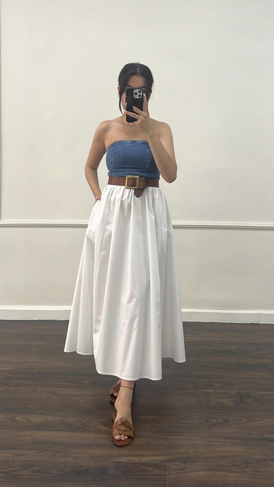 Beyaz Poplin Cepli Midi Etek