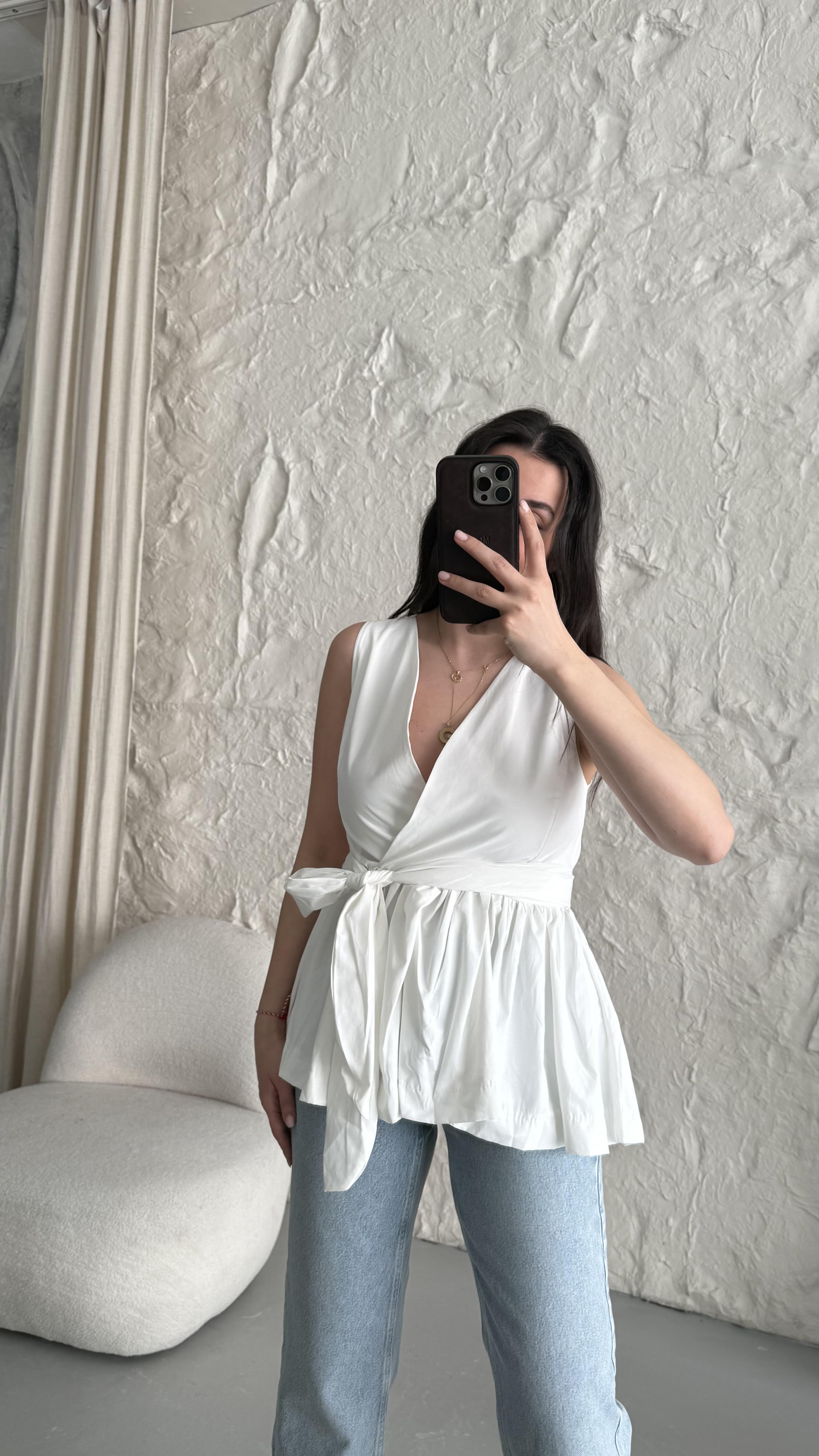 Beyaz Prenses Model Poplin Kumaş Bağlama Bluz