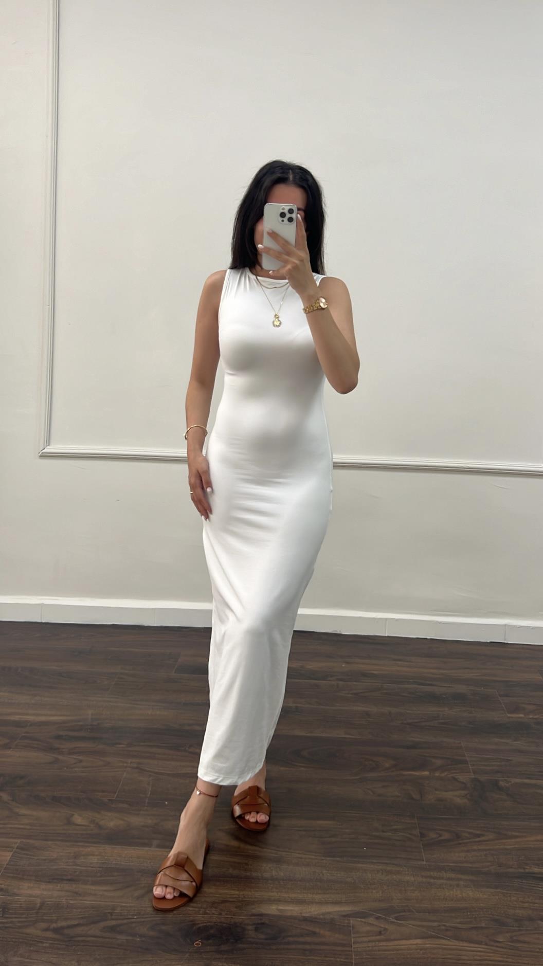 Beyaz Soft Touch Sıfır Kol Maxi Elbise