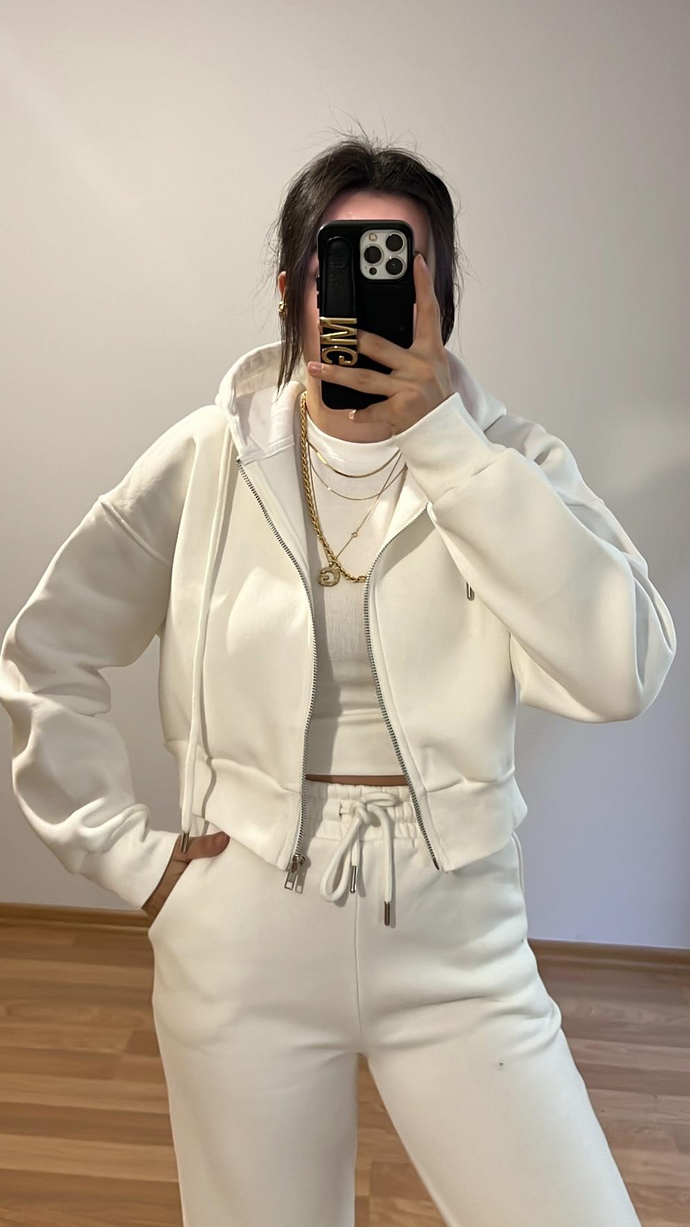 BEYAZ ÜÇ İPLİK ŞARDONLU CROP HIRKA