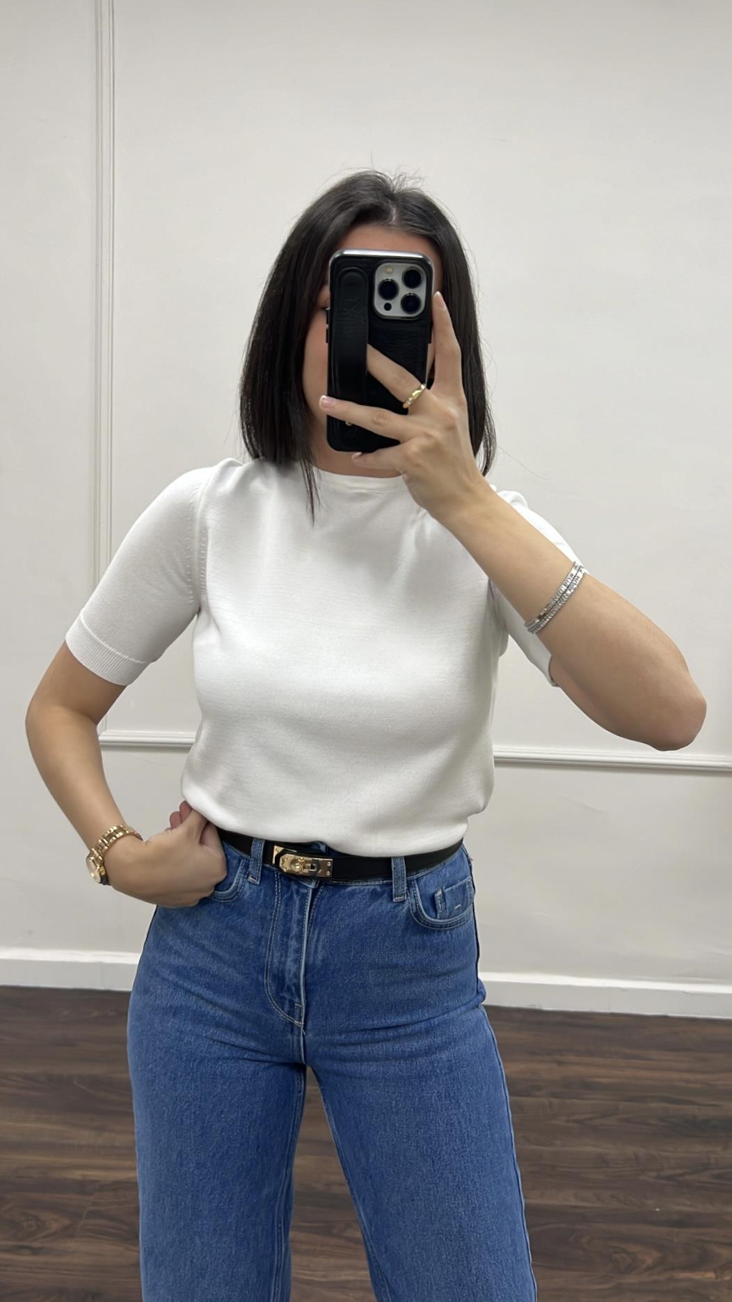 Beyaz Viskon Örme Triko Bluz