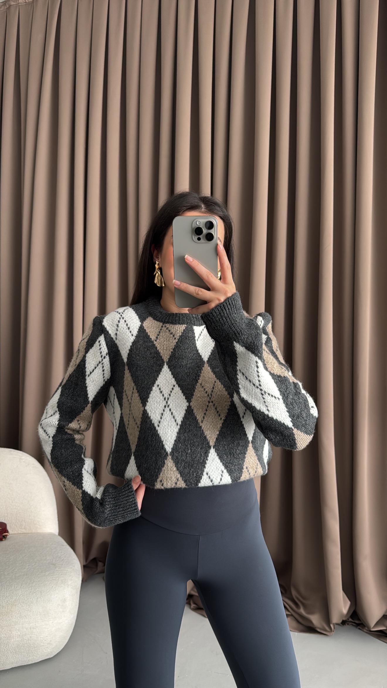 Bisiklet Yaka Gri Açık Vizon Baklava Desen Kazak