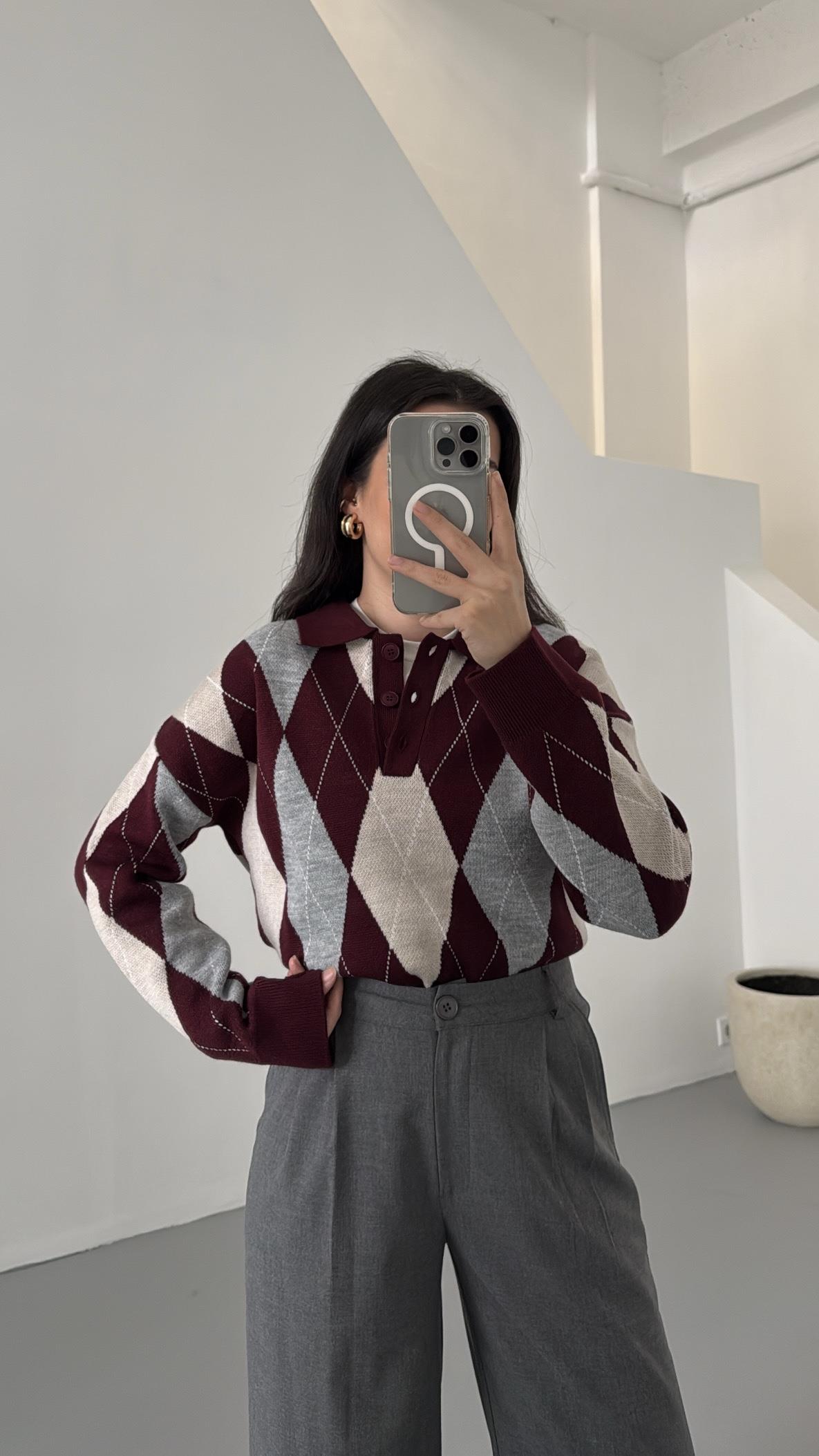 Bordo Baklava Desenli Polo Yaka Kazak