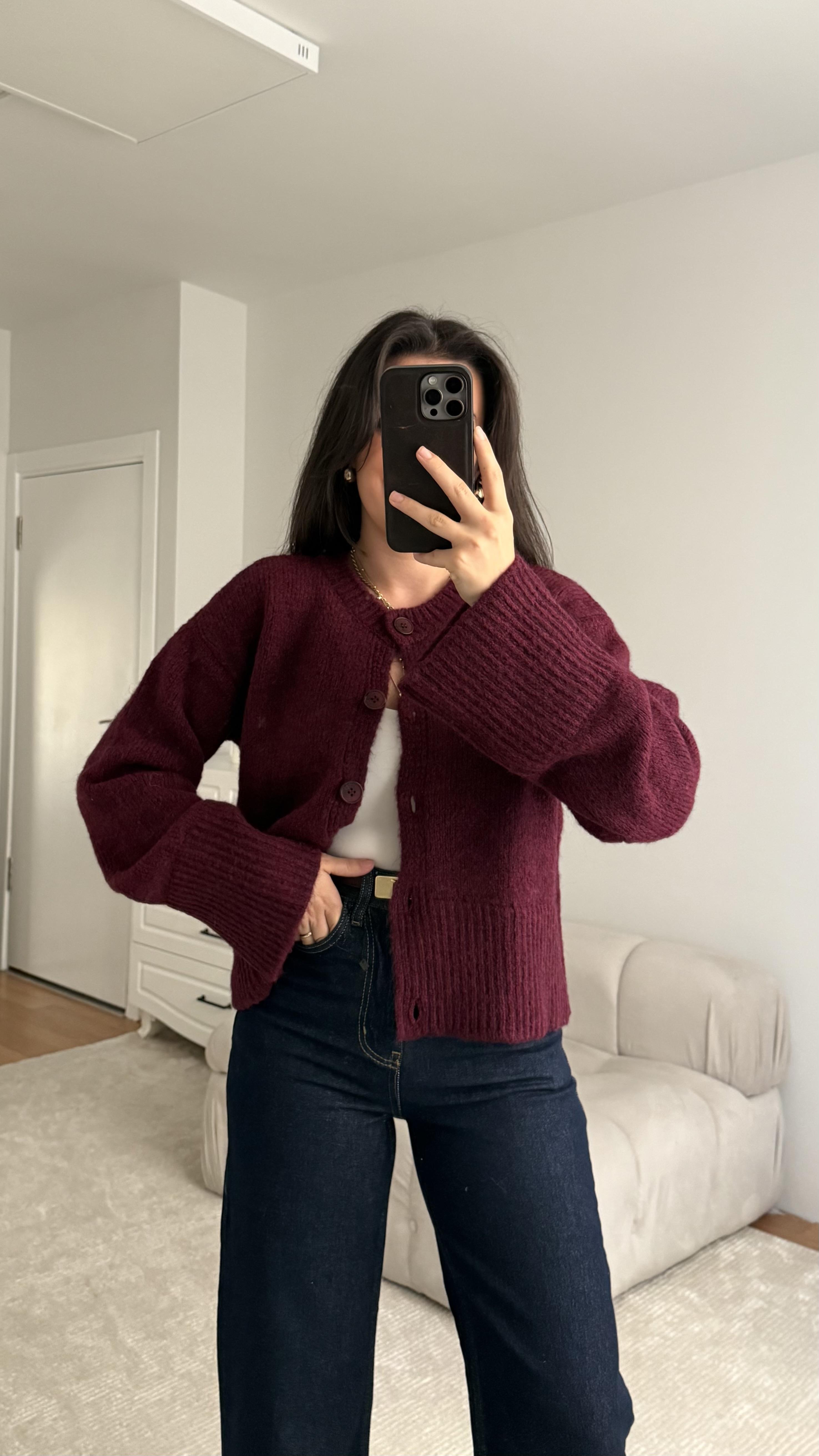 Bordo Bisiklet Yaka Basıc Hırka