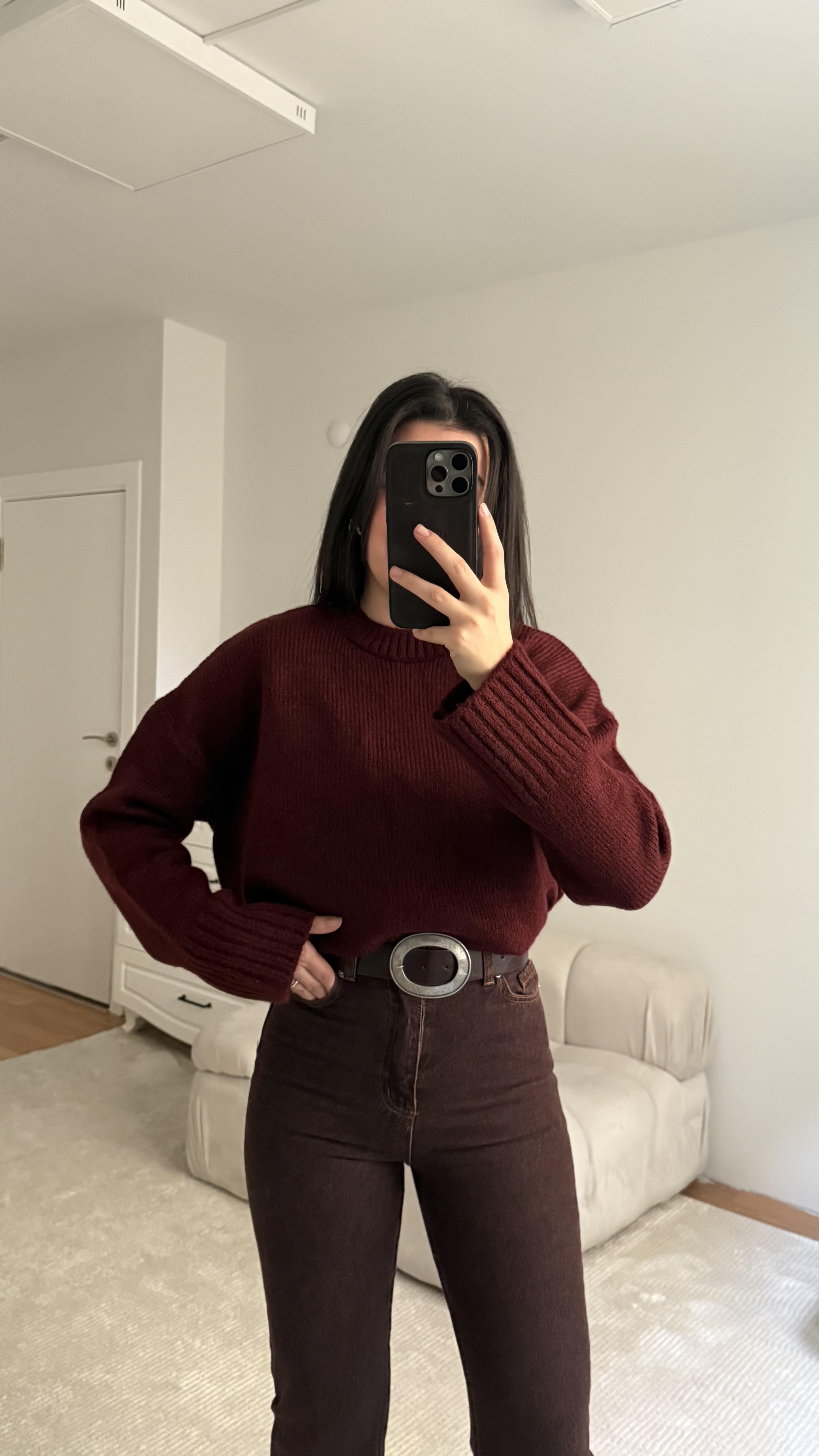 Bordo Bisiklet Yaka Oversize Triko