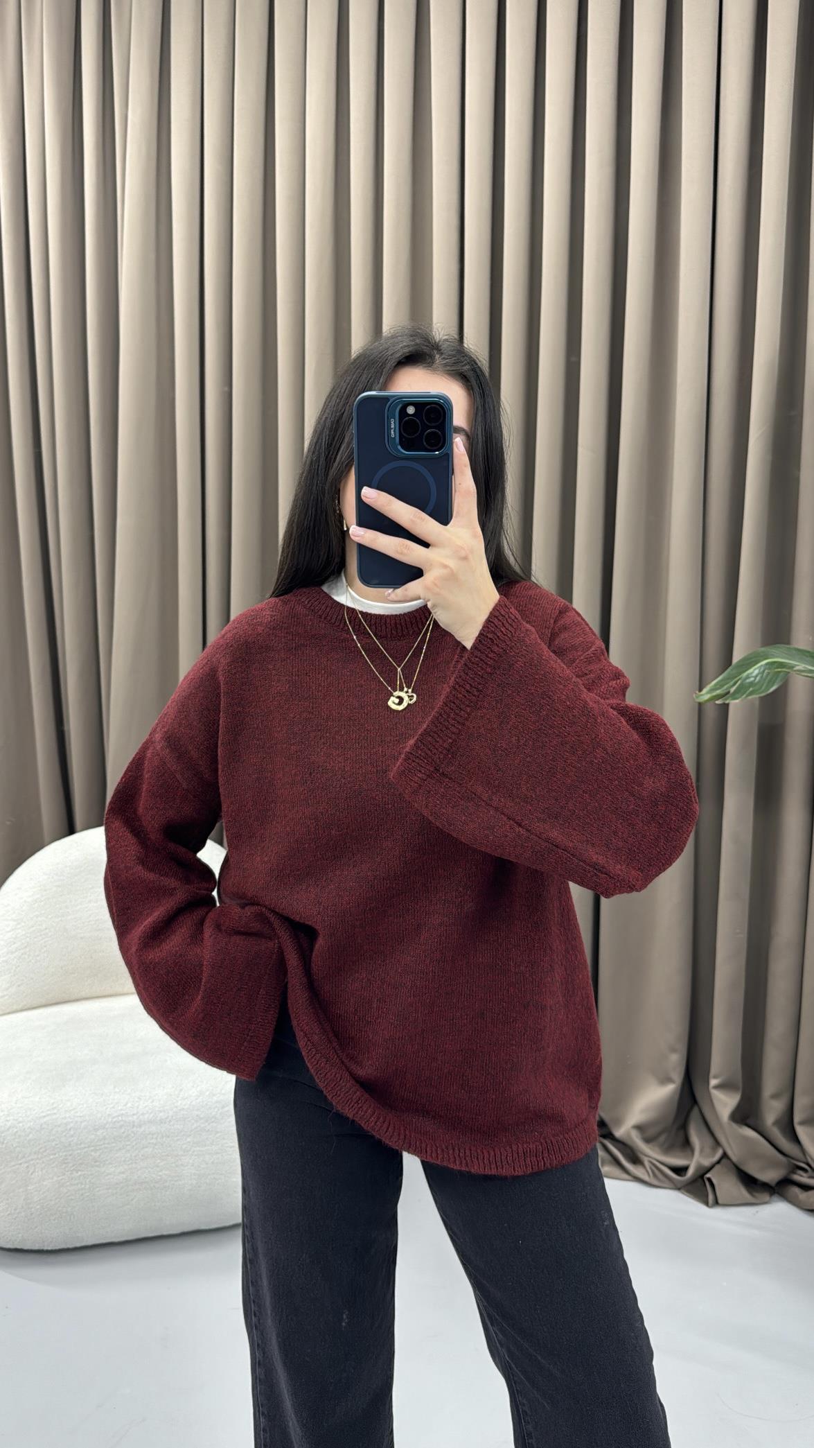 Bordo Bisiklet Yaka Oversize Triko Kazak