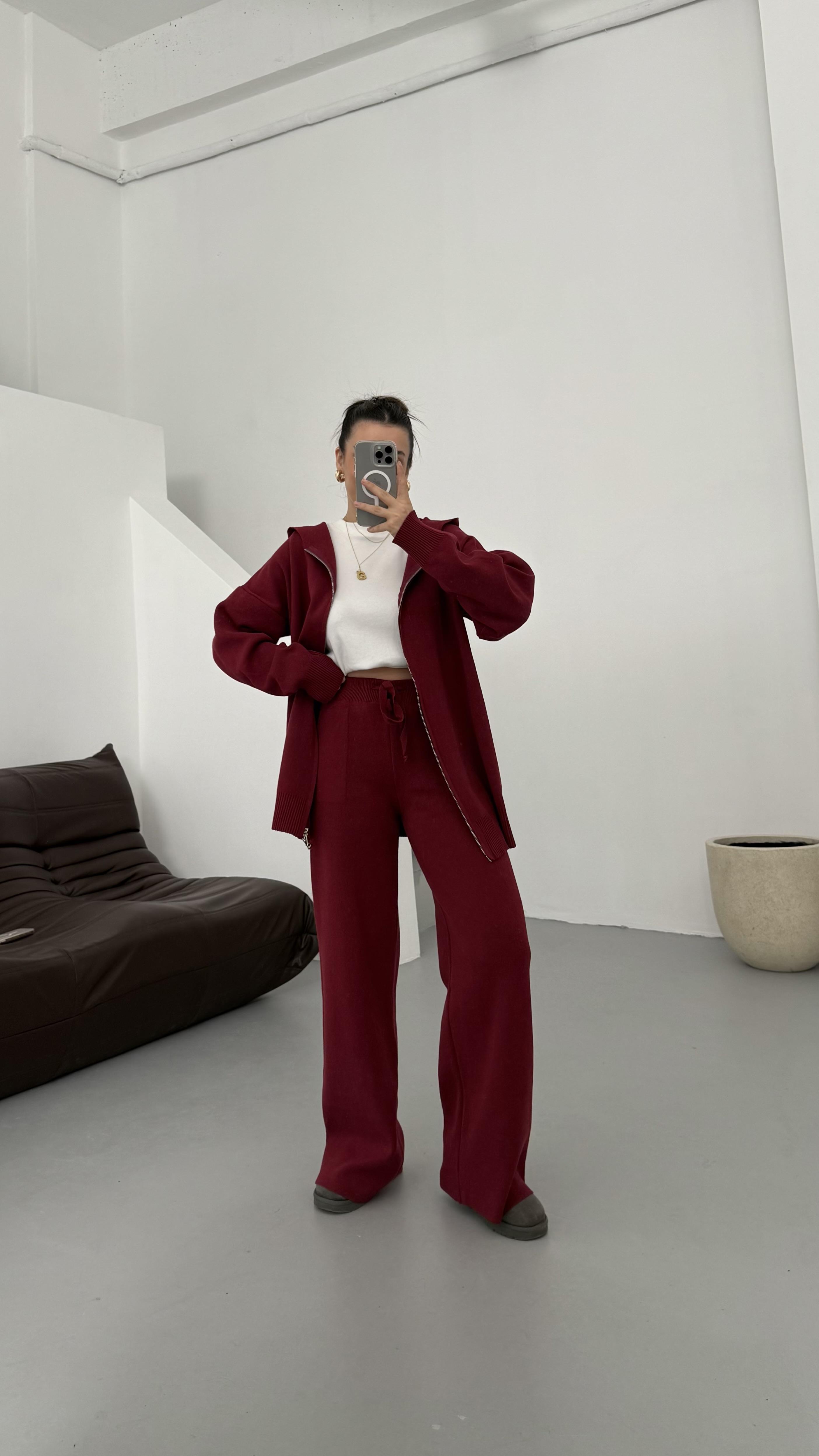 Bordo Çift Fermuar Çelik Örme Takım