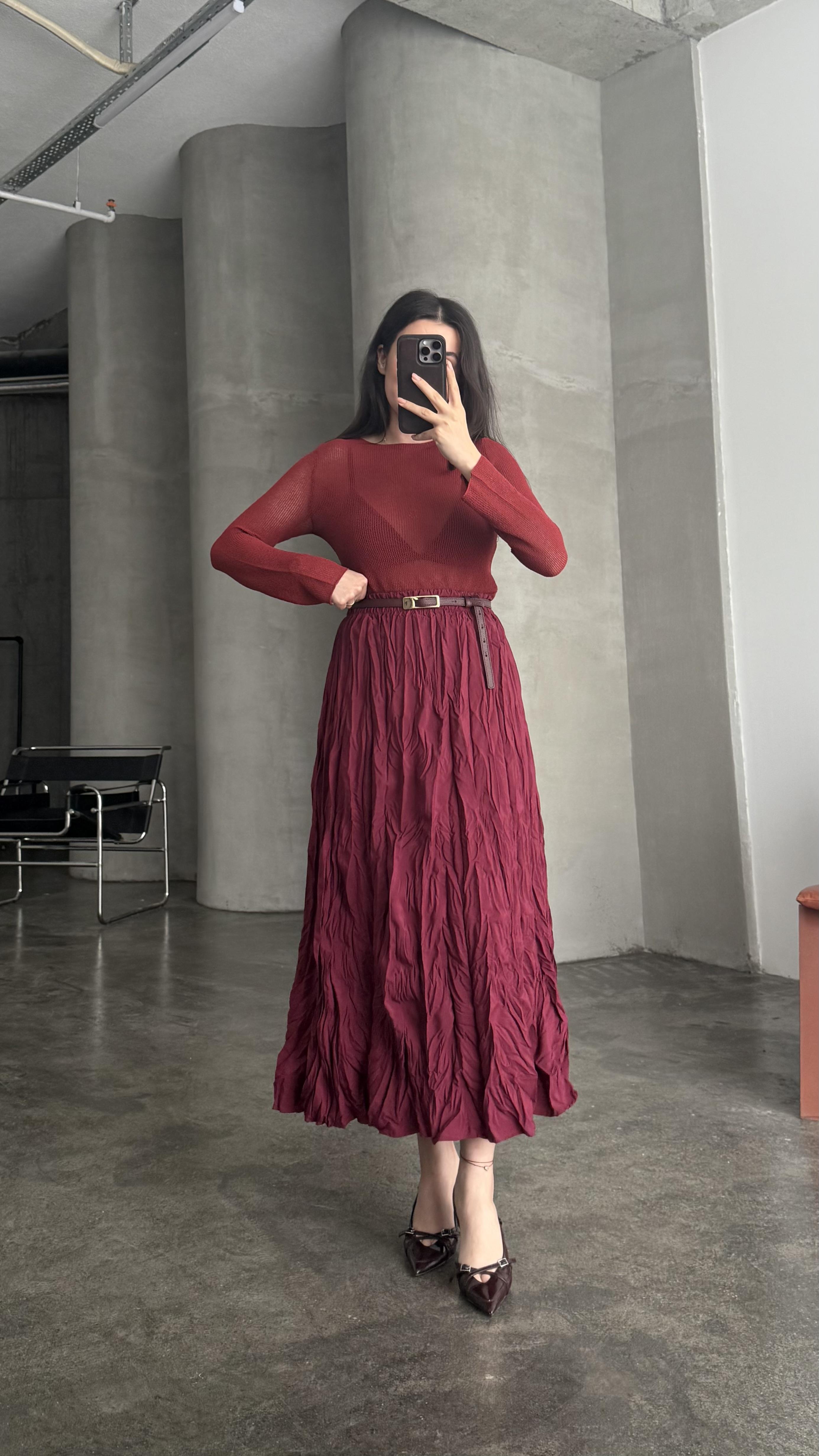 Bordo Crush Kırışık Efektli Midi Etek