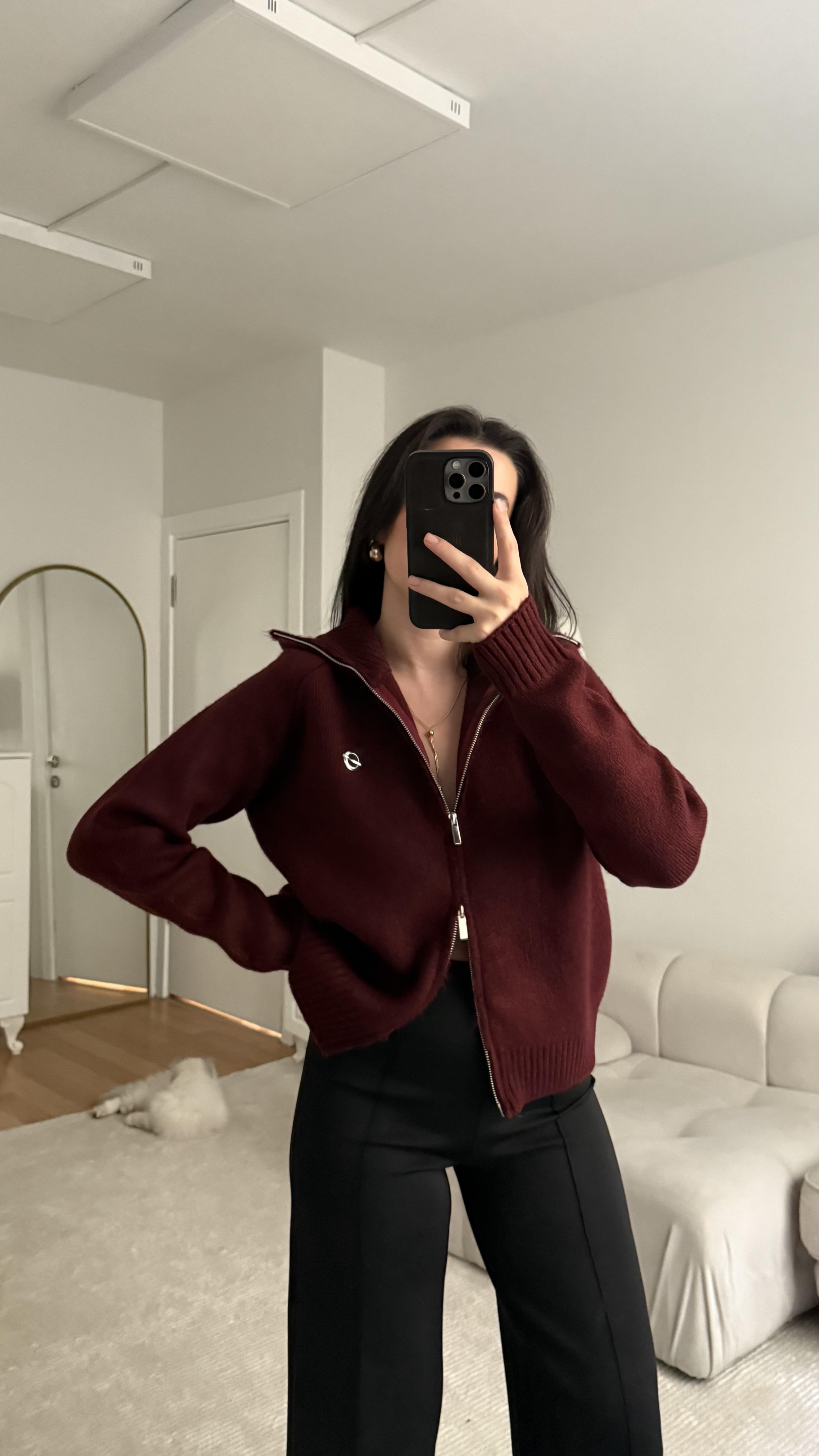 Bordo Dik Yaka Çift Fermuarlı Hırka