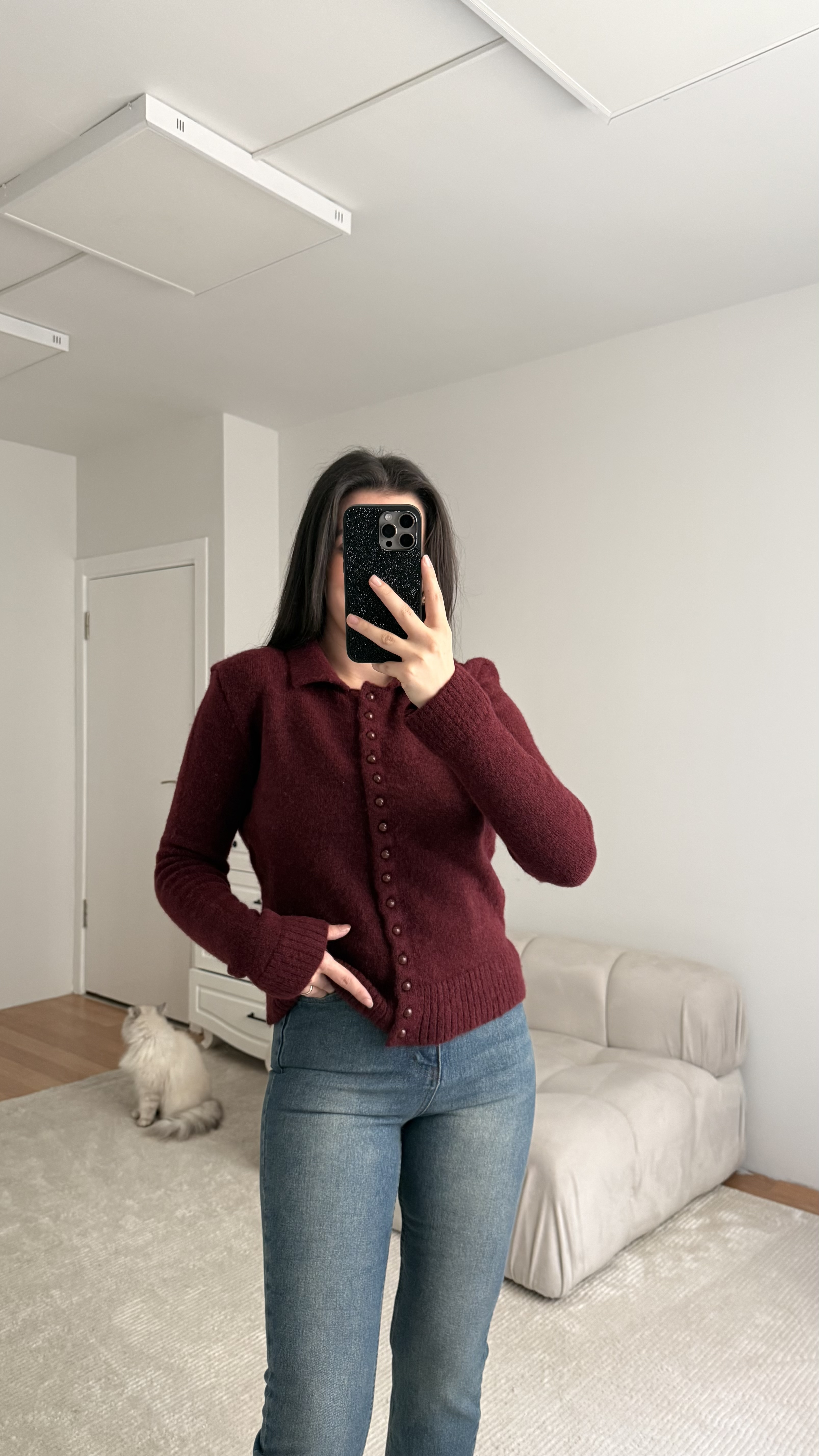 Bordo Düğmeli Polo Yaka Triko Hırka