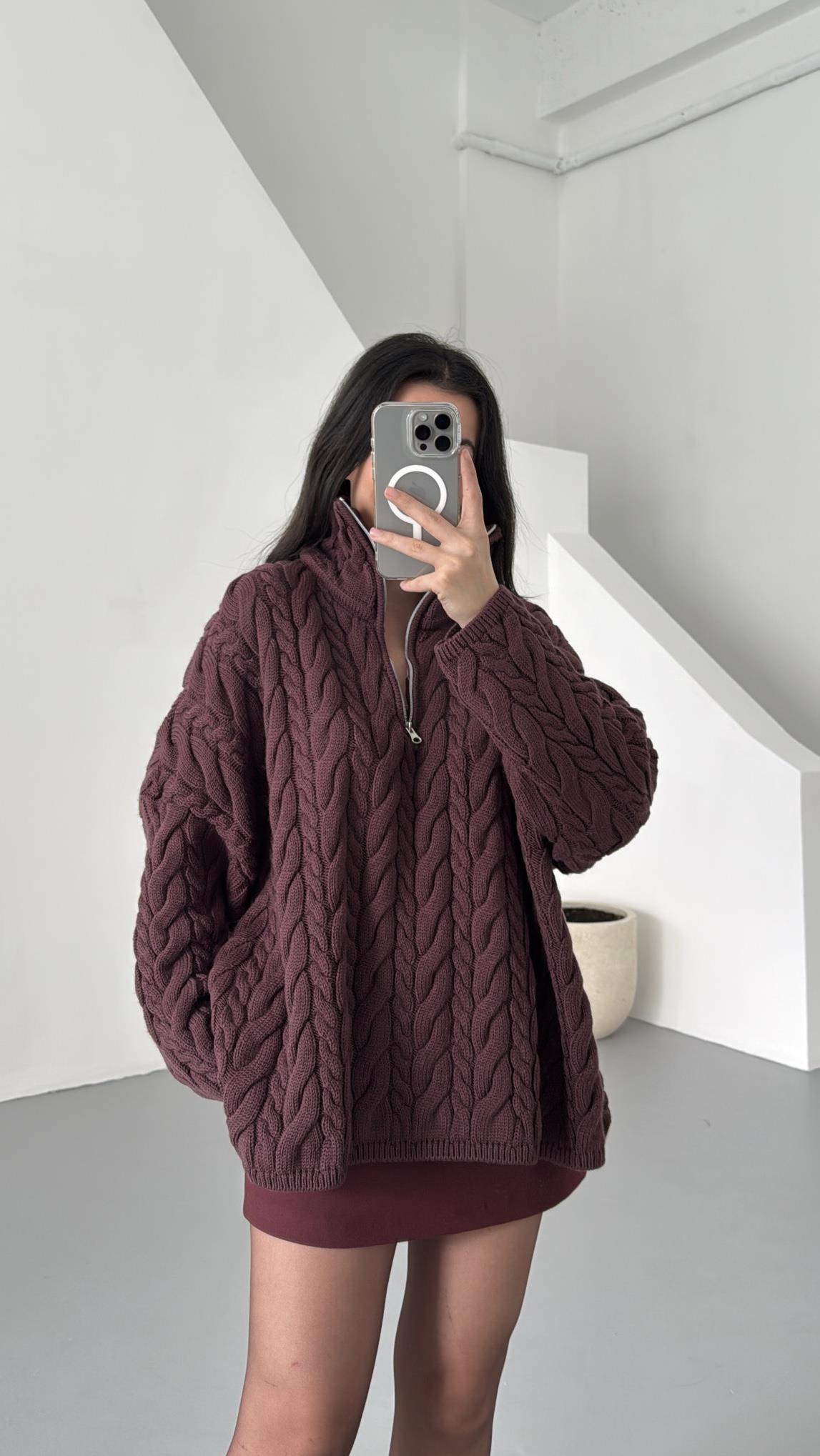 Bordo Fermuarlı Saç Örme Kazak