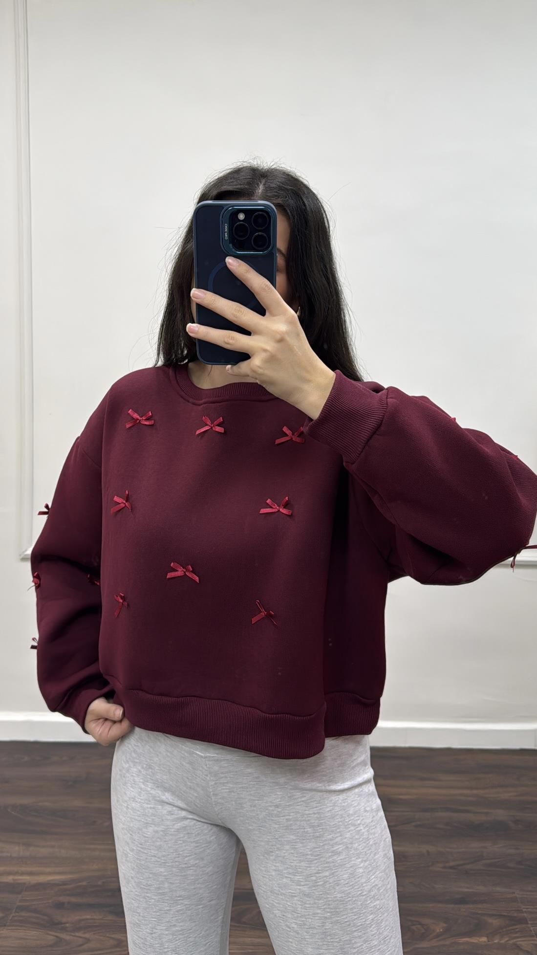 Bordo Fiyonk Detaylı Sweatshirt