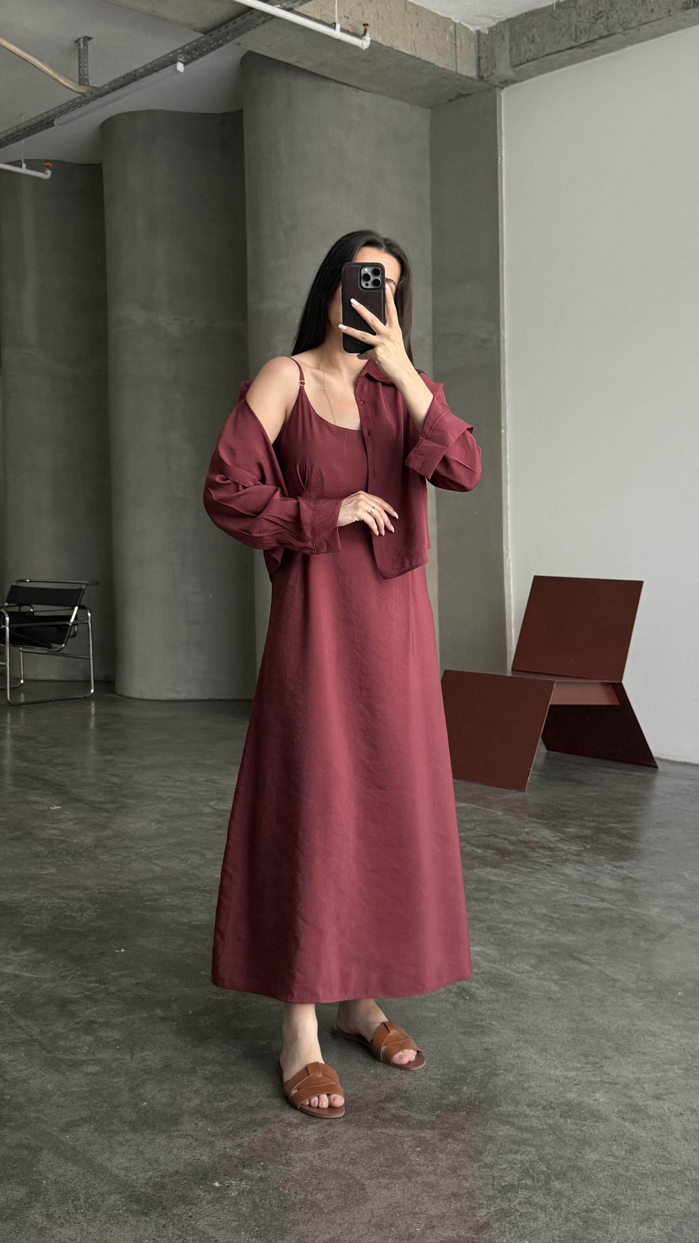 Bordo Gömlekli İp Askılı Elbise Tensel Takım
