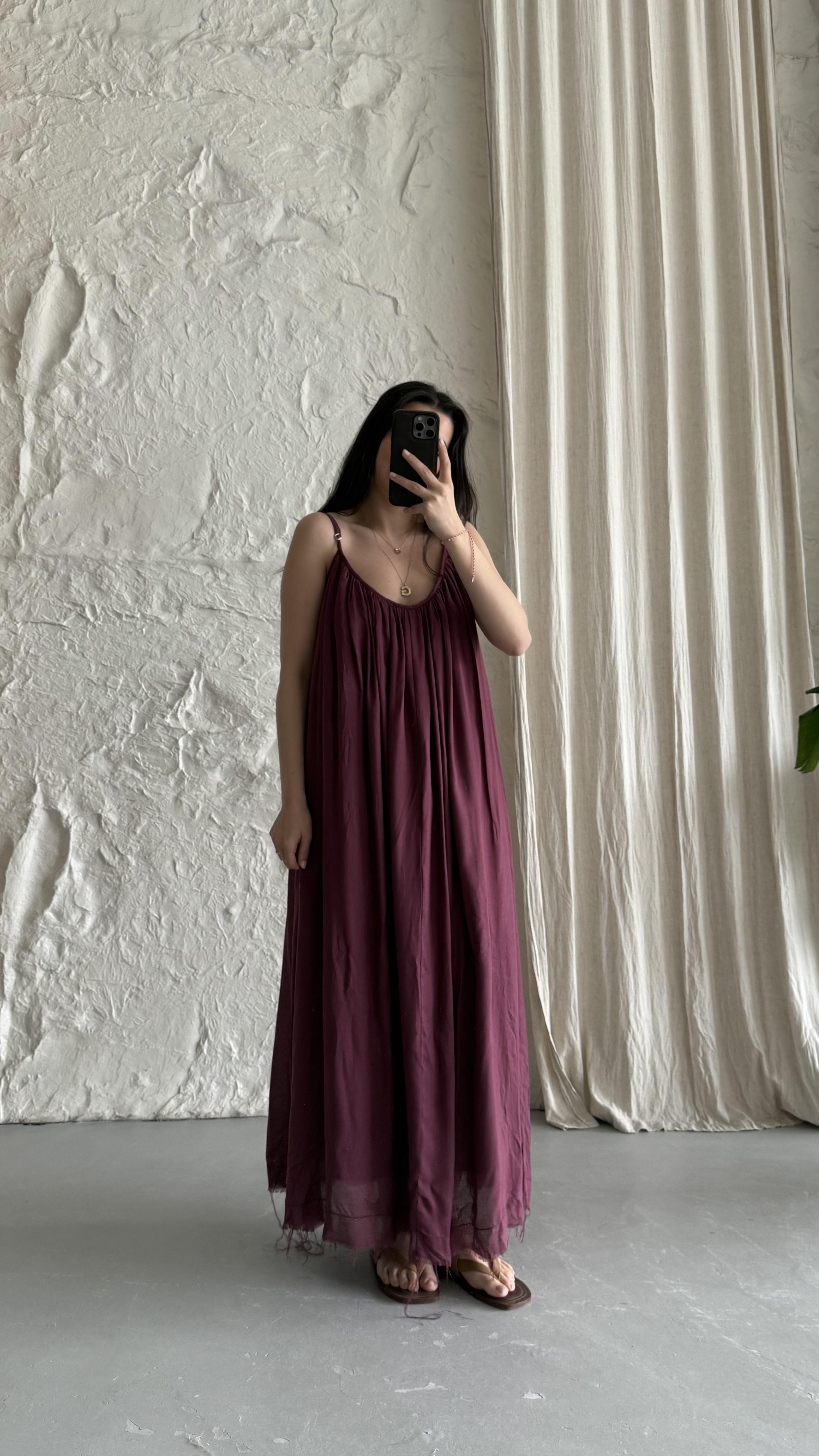 Bordo İp Askılı Helen Keten Elbise