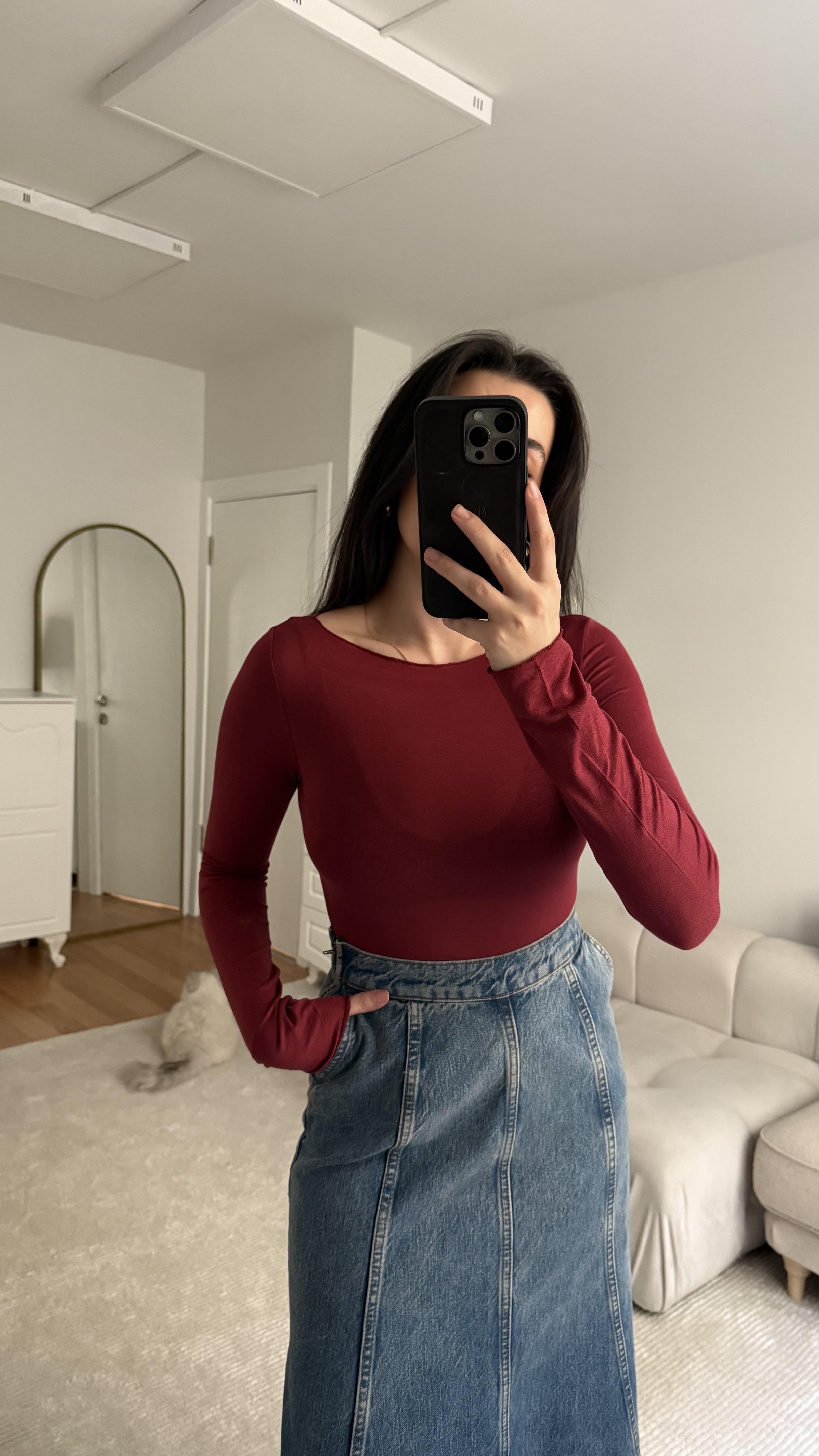 Bordo Kayık Yaka Transparan Bluz 