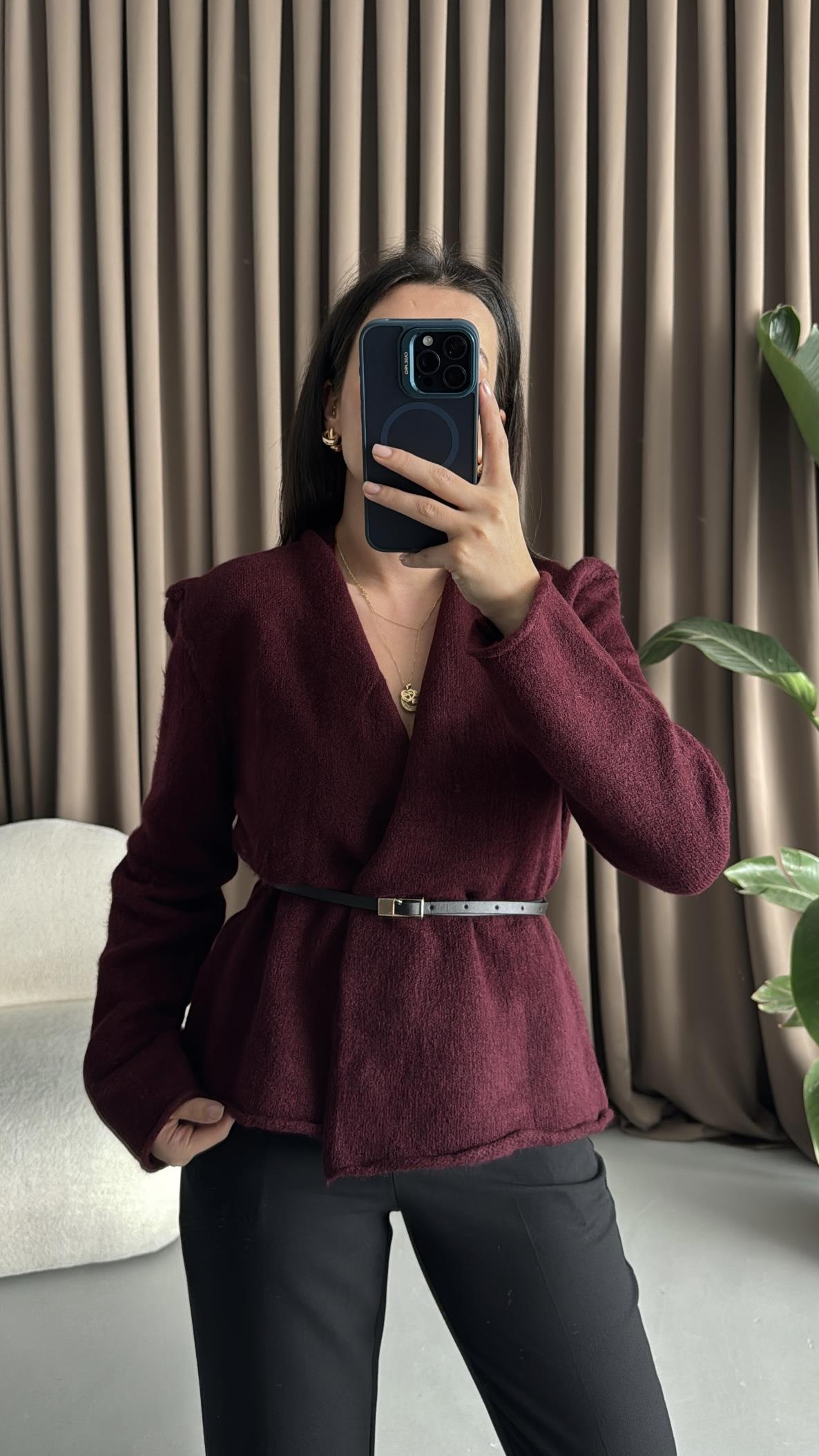 Bordo Kemerli Triko Ceket