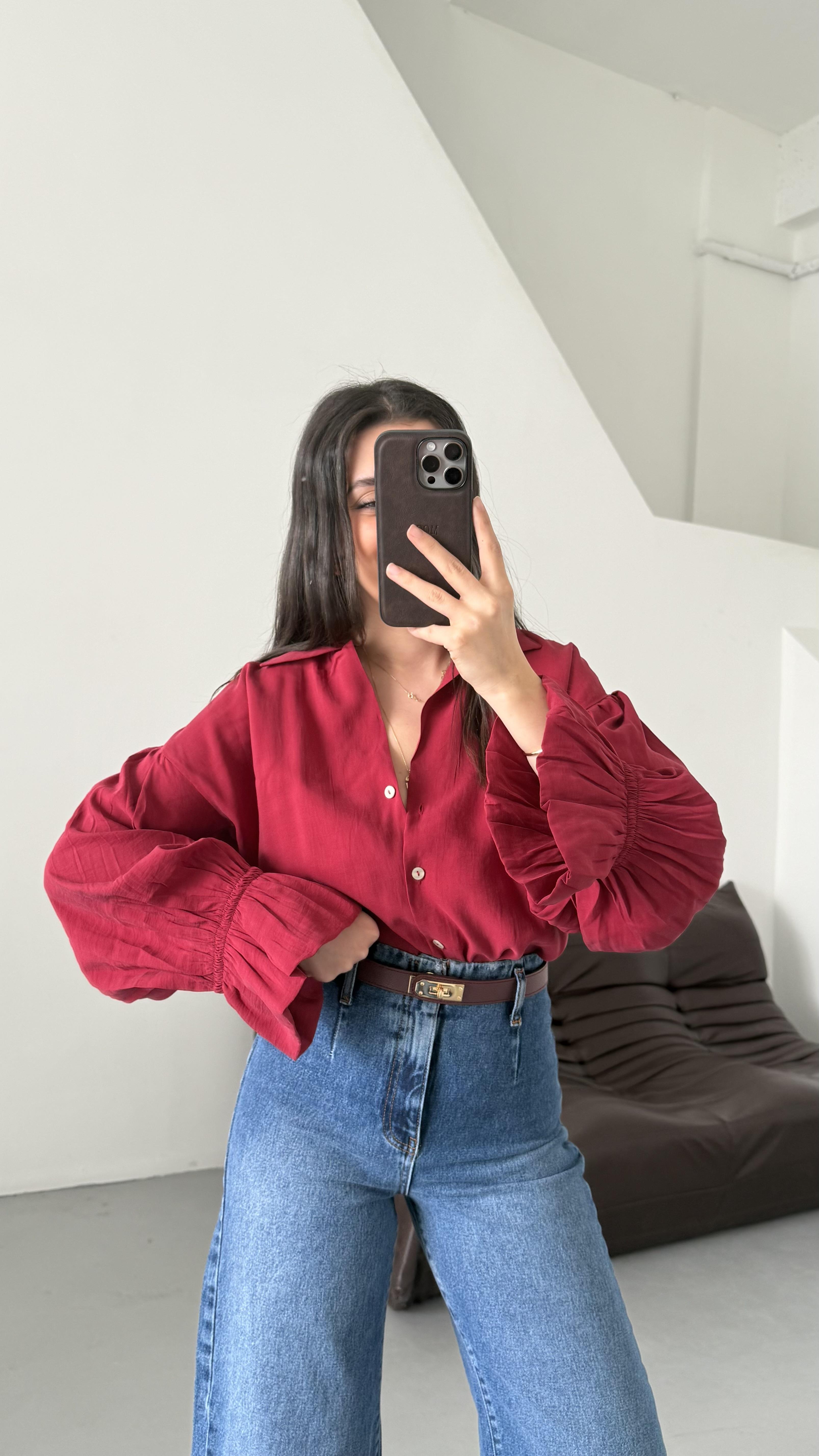 Bordo Kol Detaylı Tensel Gömlek