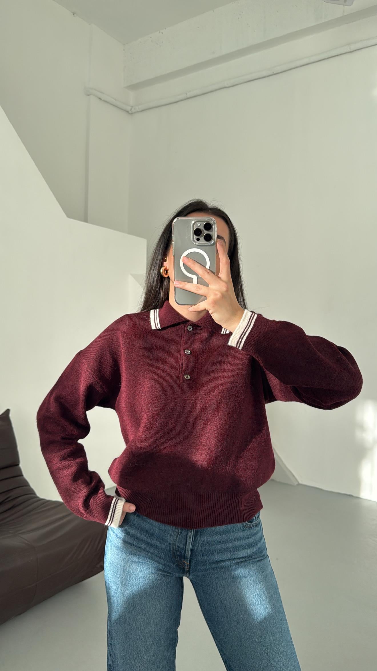 Bordo-Krem Çizgi Detaylı Polo Yaka Triko