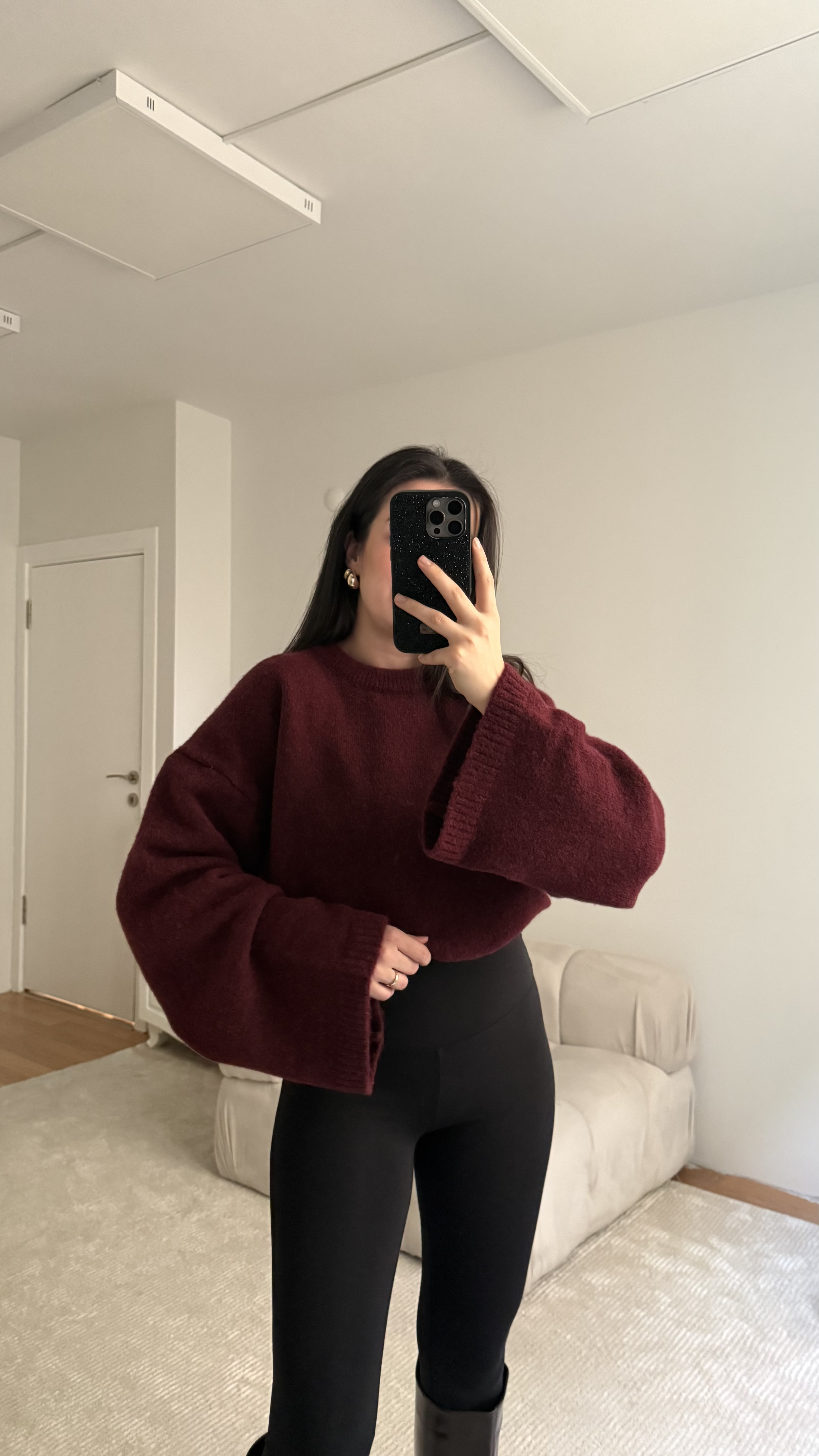 Bordo Oversize İspanyol Kol Triko Kazak