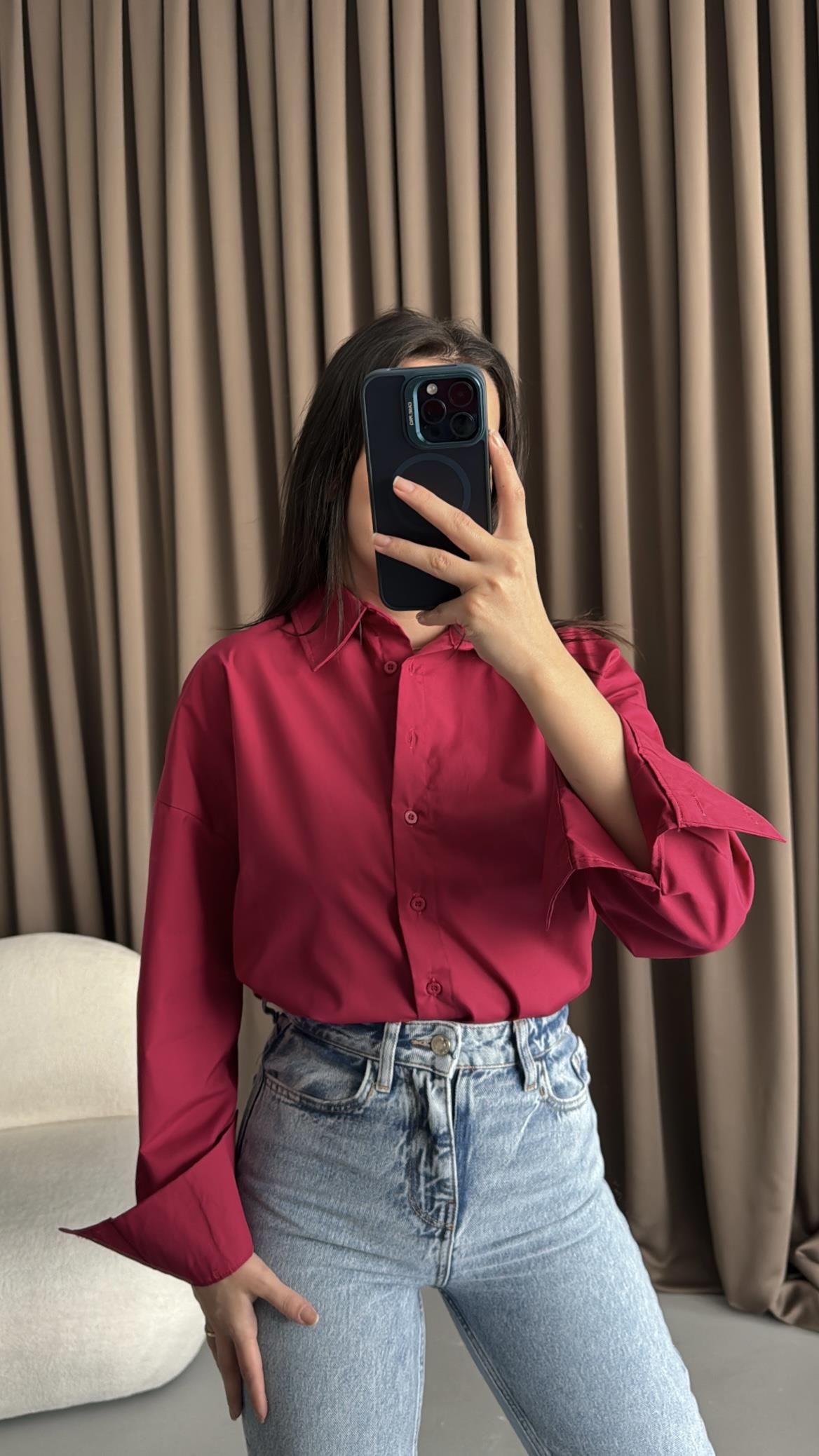 Bordo Oversize Poplin Gömlek 