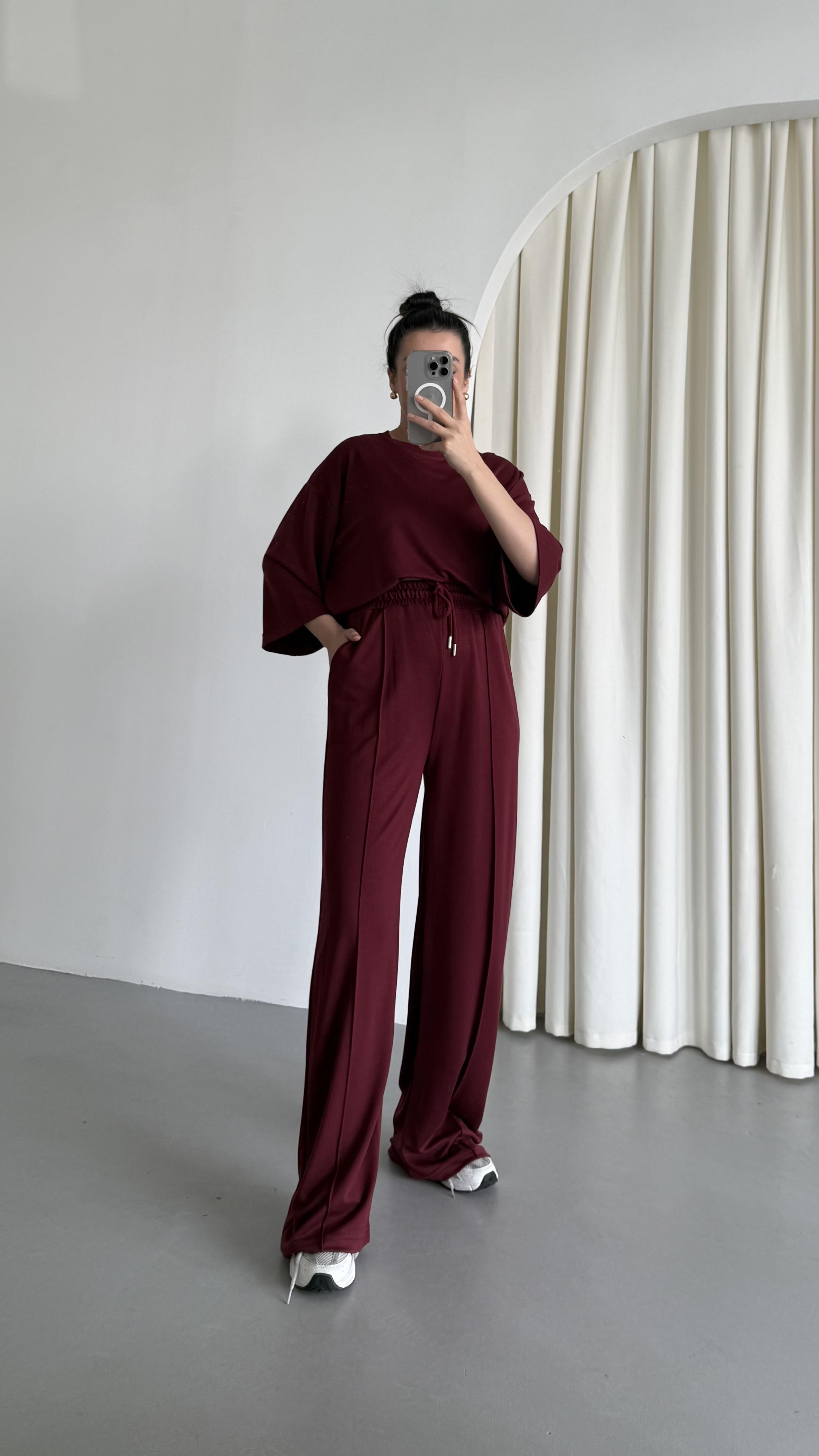 Bordo Oysh Kumaş Oversize Palazzo Takım