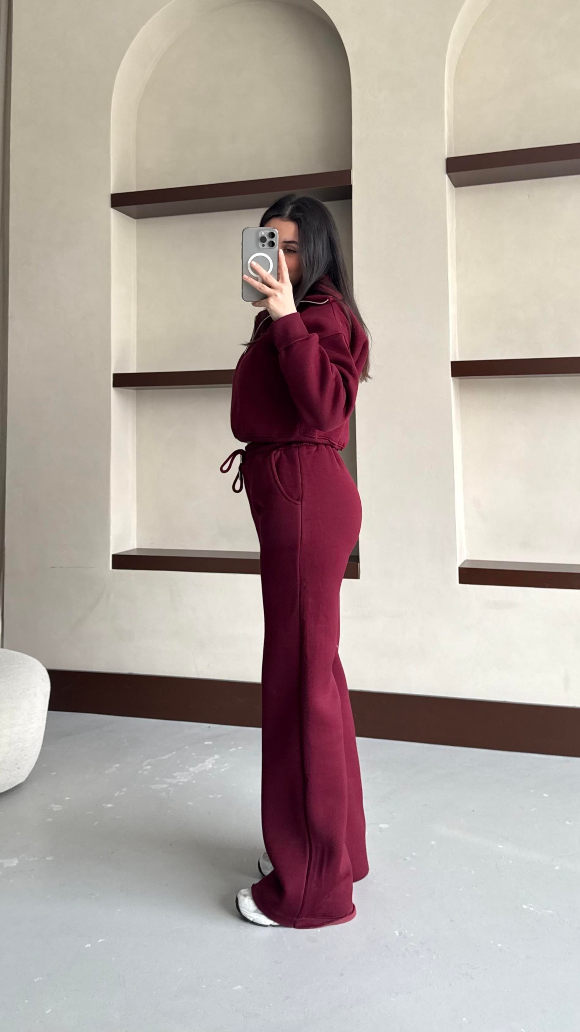 Bordo Pamuklu Fermuarlı Sweatshirt ve Pantolon Takım