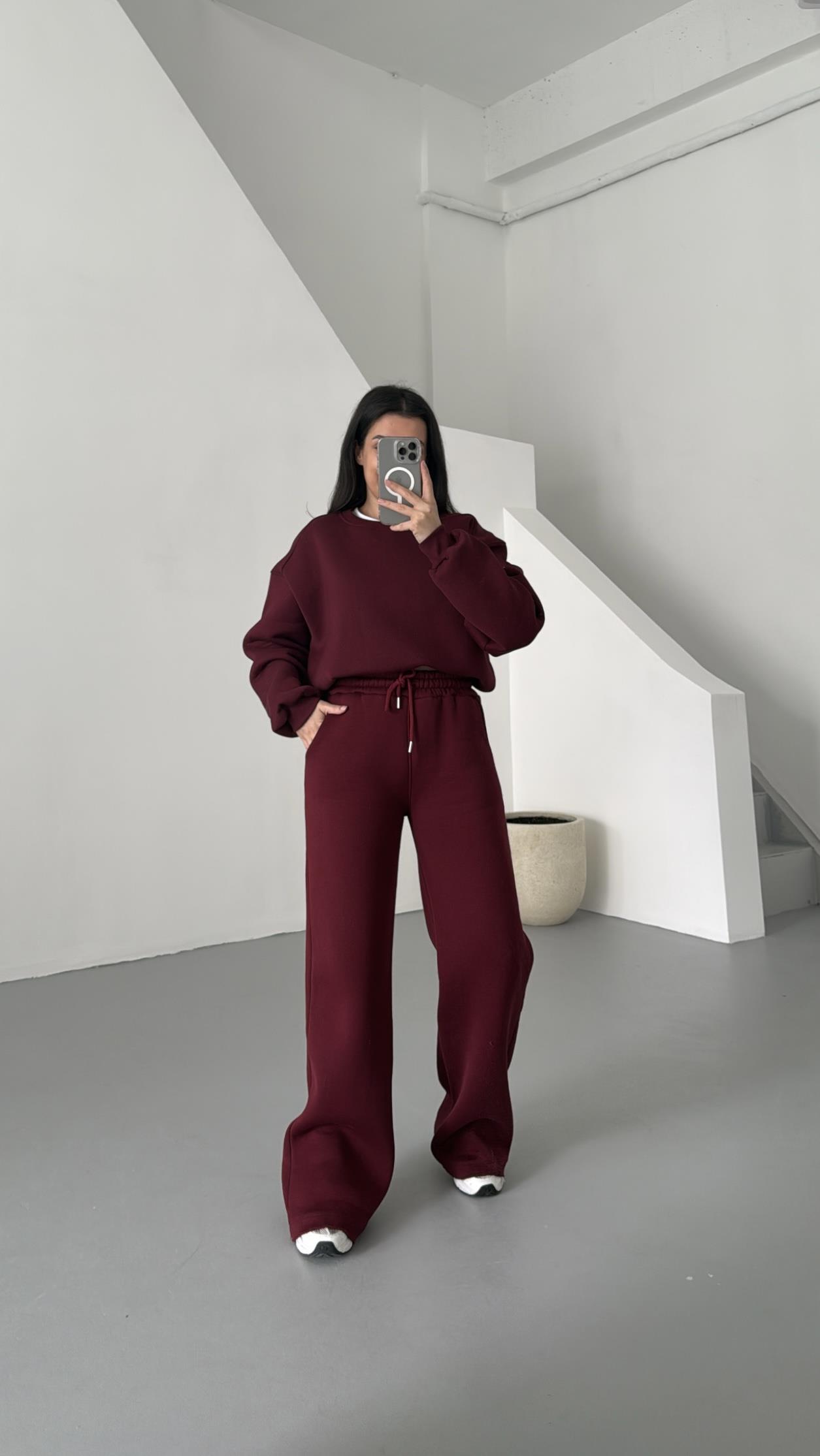 Bordo Pamuklu Sweatshirt ve Pantolon Takım