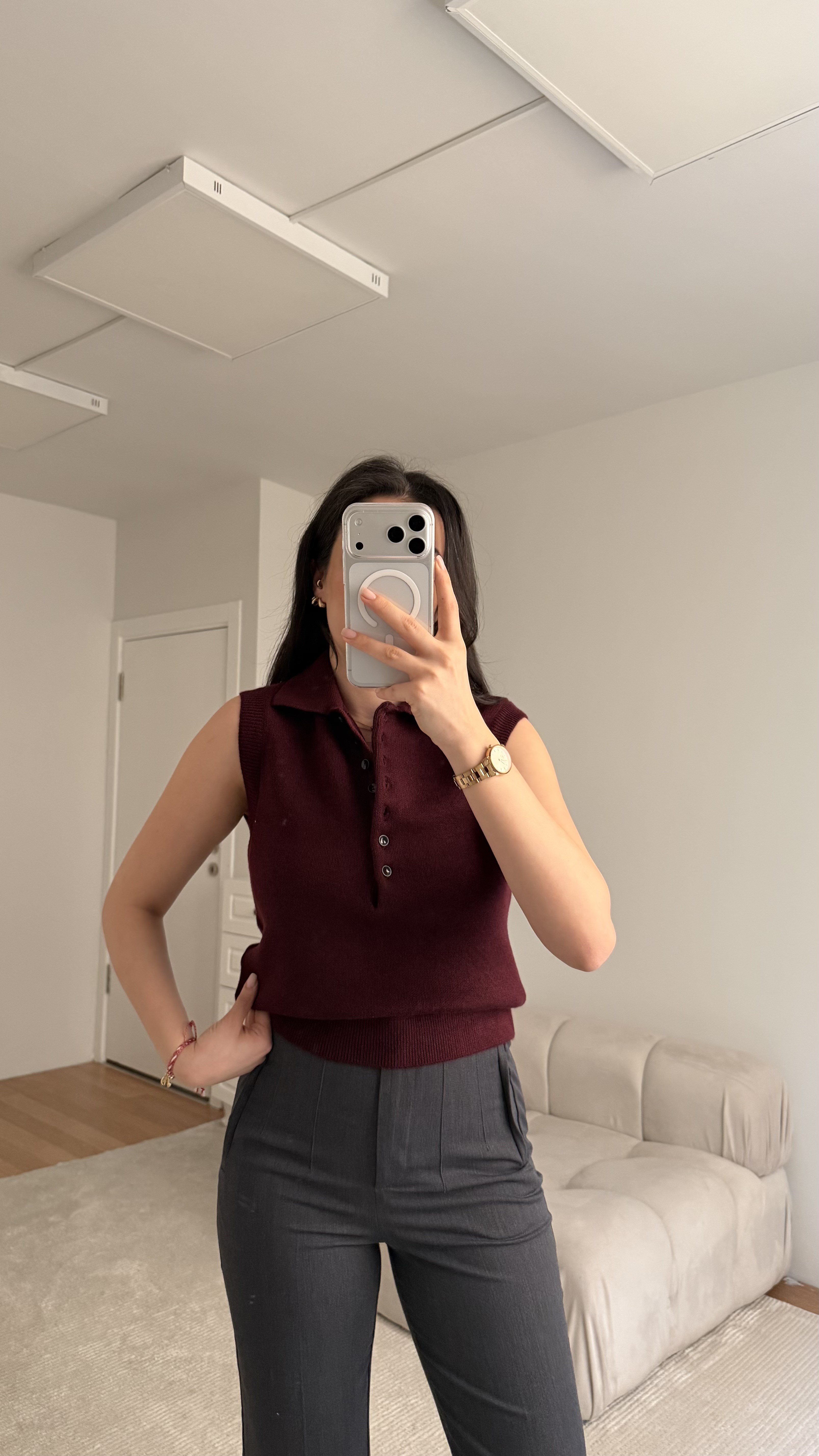 Bordo Polo Yaka Düğmeli Kolsuz Triko