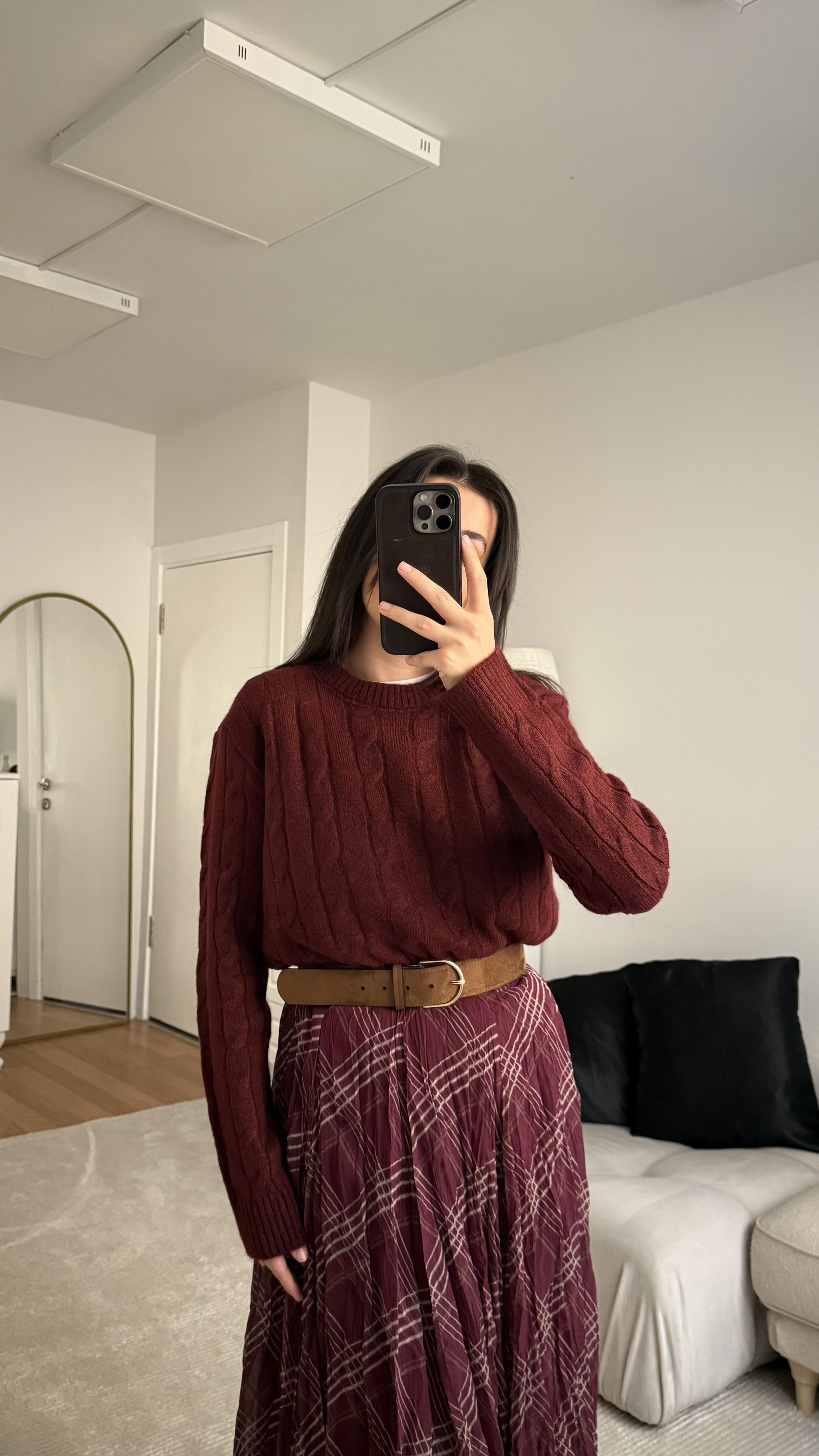 Bordo Saç Örgü Premıum Triko Kazak