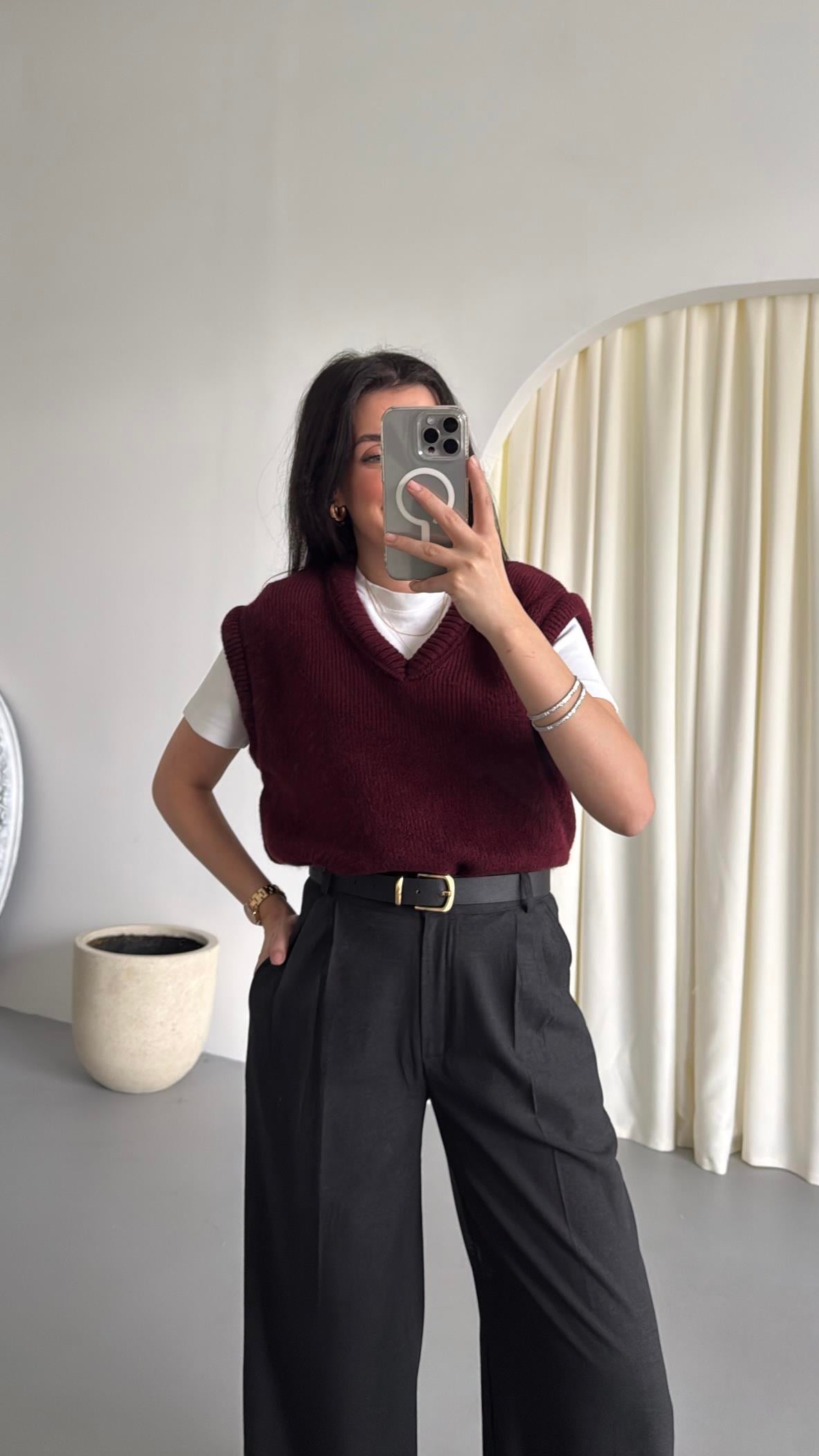 Bordo V Yaka Triko Süveter