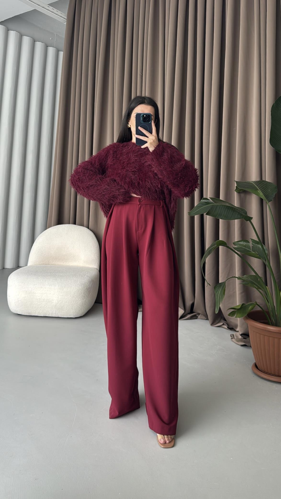 Bordo Yüksek Bel Premıum Pensli Wide Leg Kumaş Pantolon