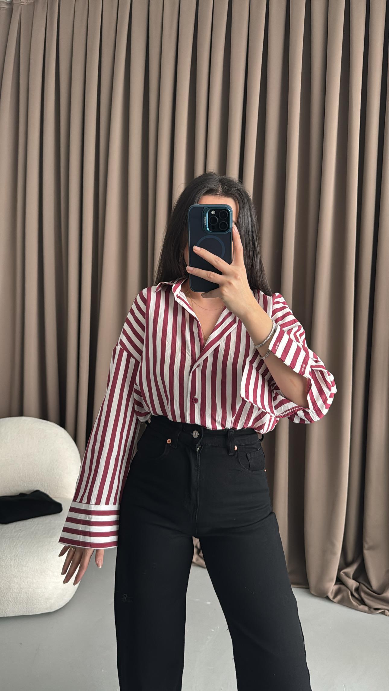 Bordo/Beyaz Çizgili Oversıze Gömlek