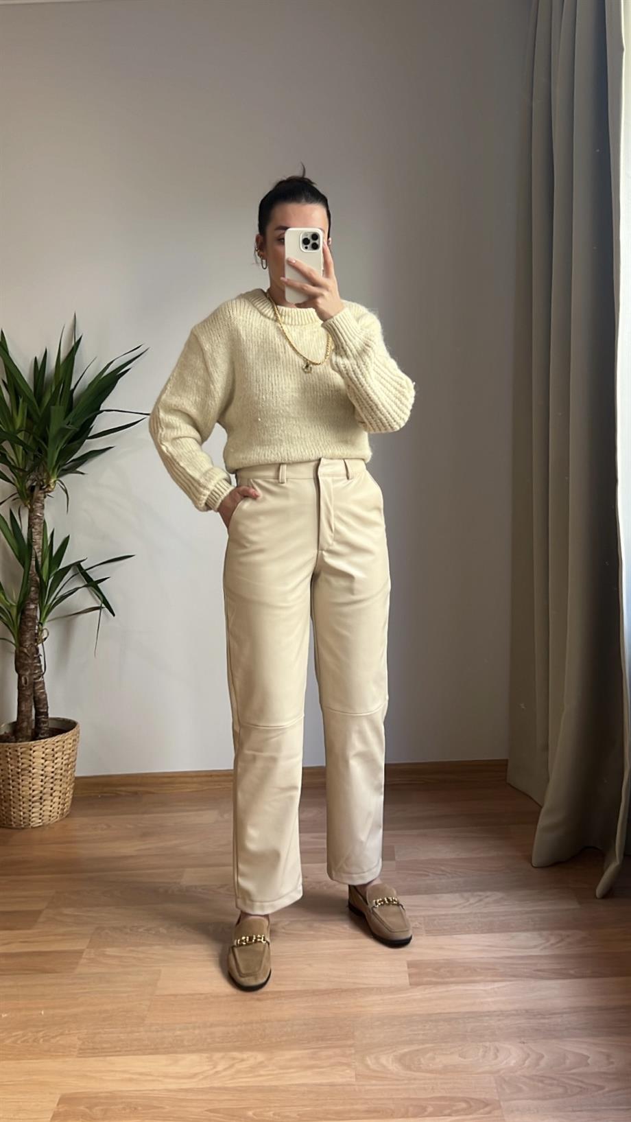 BRSHK BEJ DERİ STRAIGHT PANTOLON