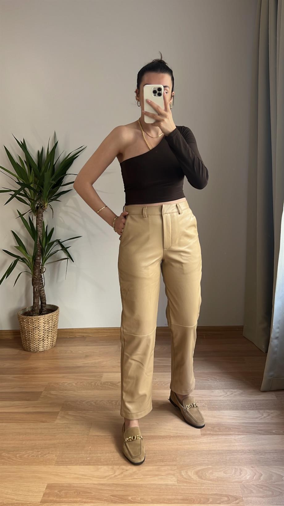 BRSHK BEJ DERİ STRAIGHT PANTOLON