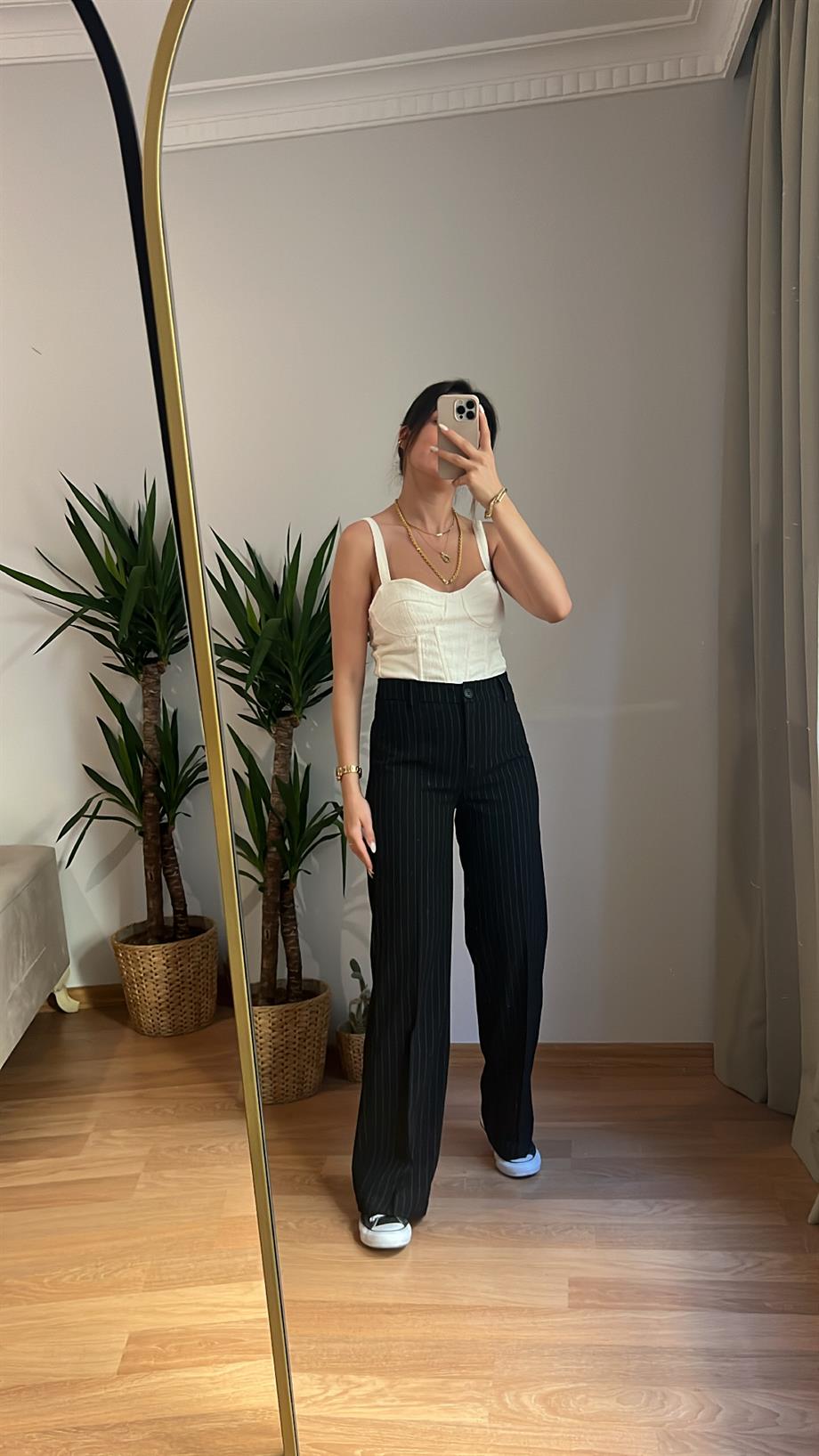 BRSHK DAD ÇİZGİLİ GENİŞ PAÇA PANTOLON