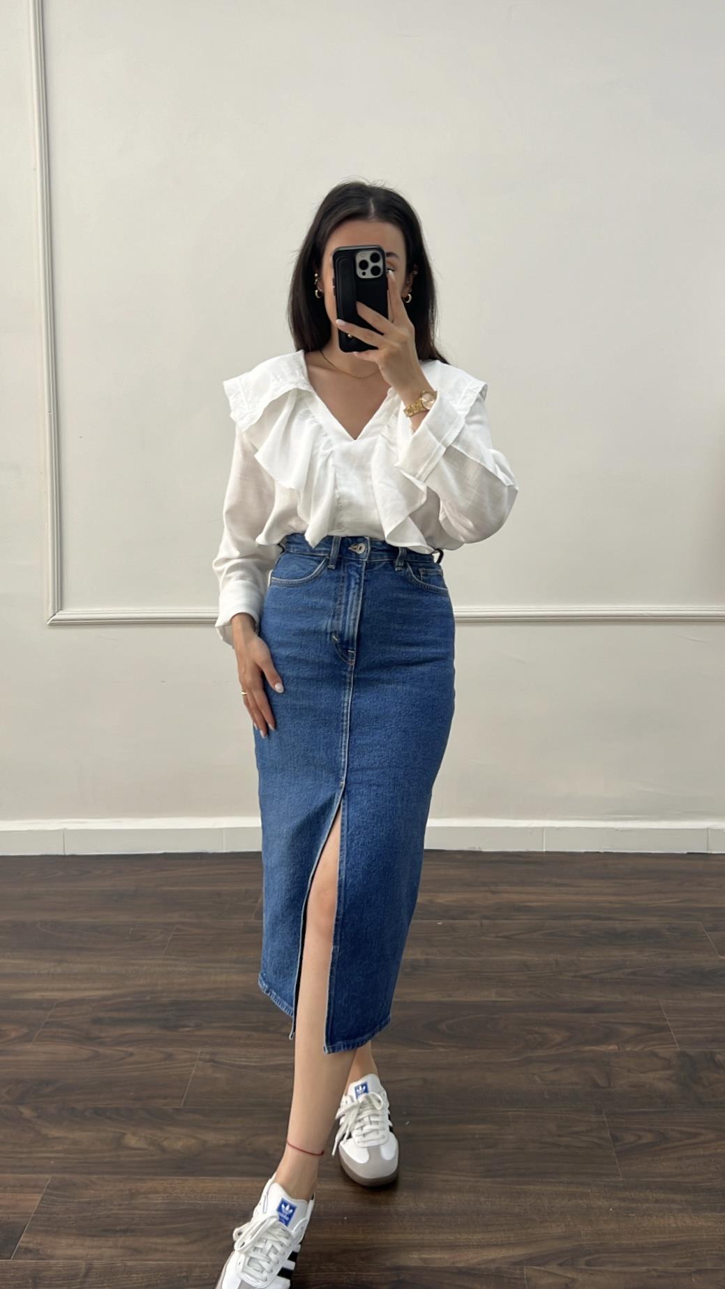 Cam Koyu Mavi Midi Denim Etek