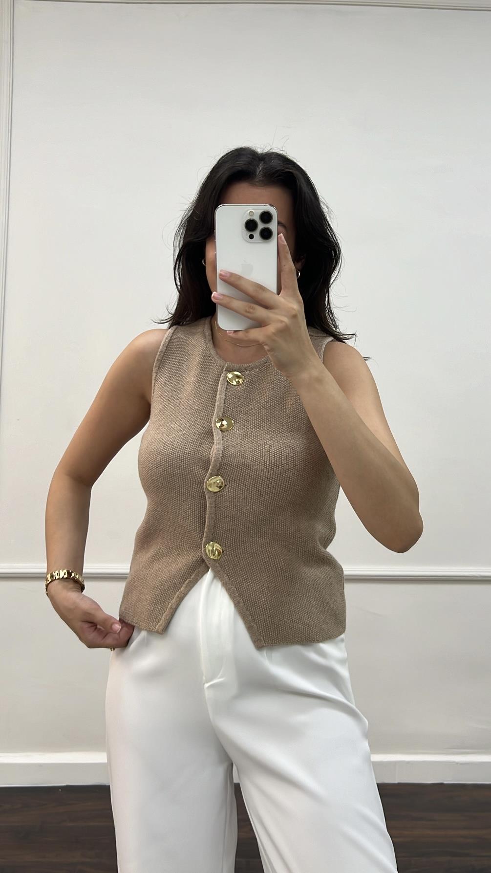 Camel Düz Renk Triko Yelek